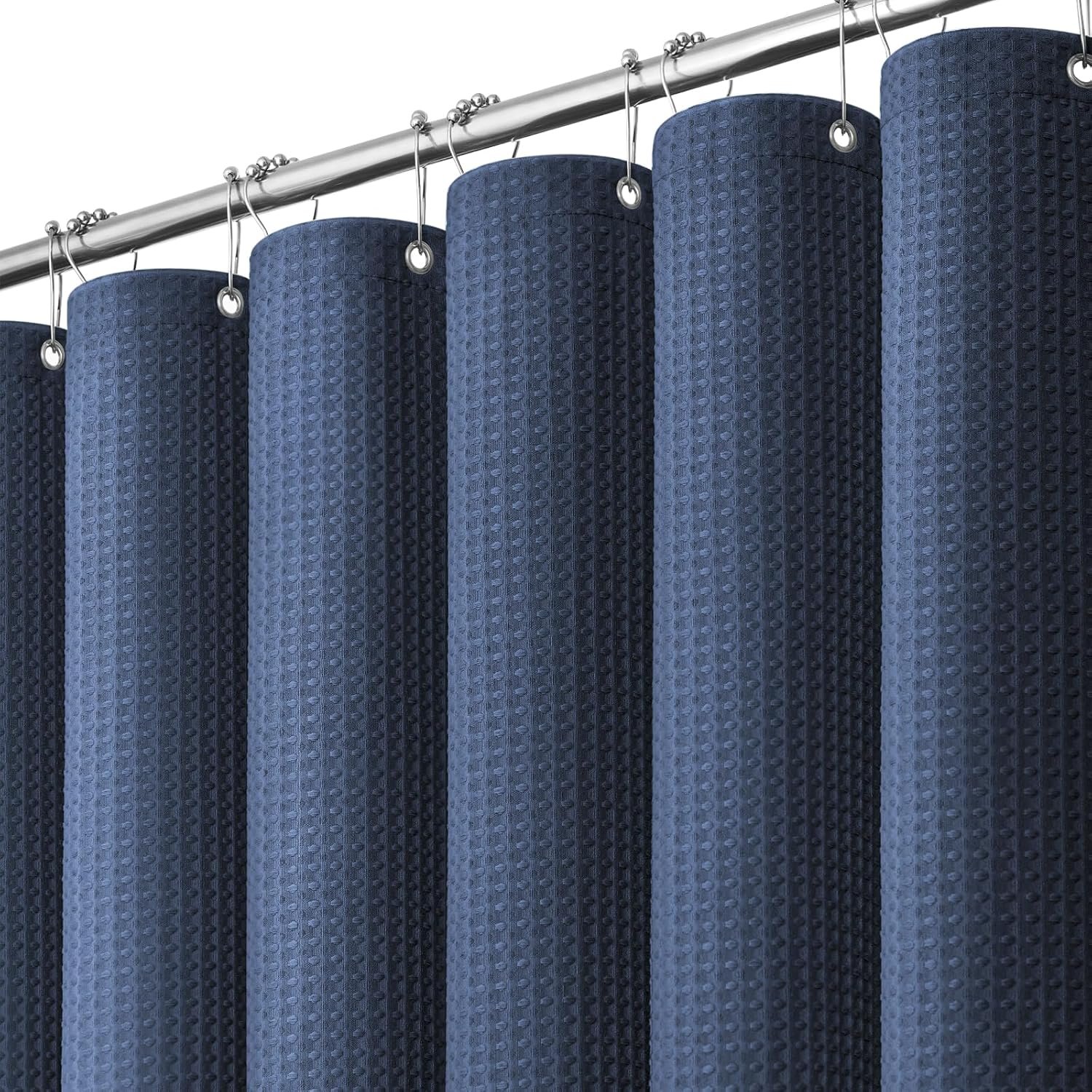 Waffle Shower Curtain 256 GSM Heavy Duty Fabric 72″x72″ Navy Blue | Thick Polyester Cloth, Weighted Hem, Water Repellent & Washable, Hotel Luxury Spa, Shower Curtain Set for Bathroom 12 Hooks