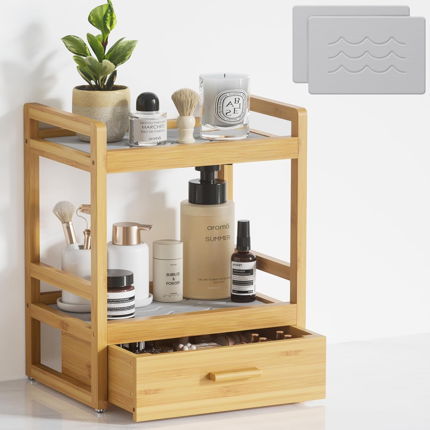 Bamboo Bathroom Organizer Countertop, 2 Tier Vanity Organizers and Storage with Drawer for Skincare & Makeup, Counter Shelf with Stone Drying Mat for Coffee Bar, Kitchen, Matcha Station