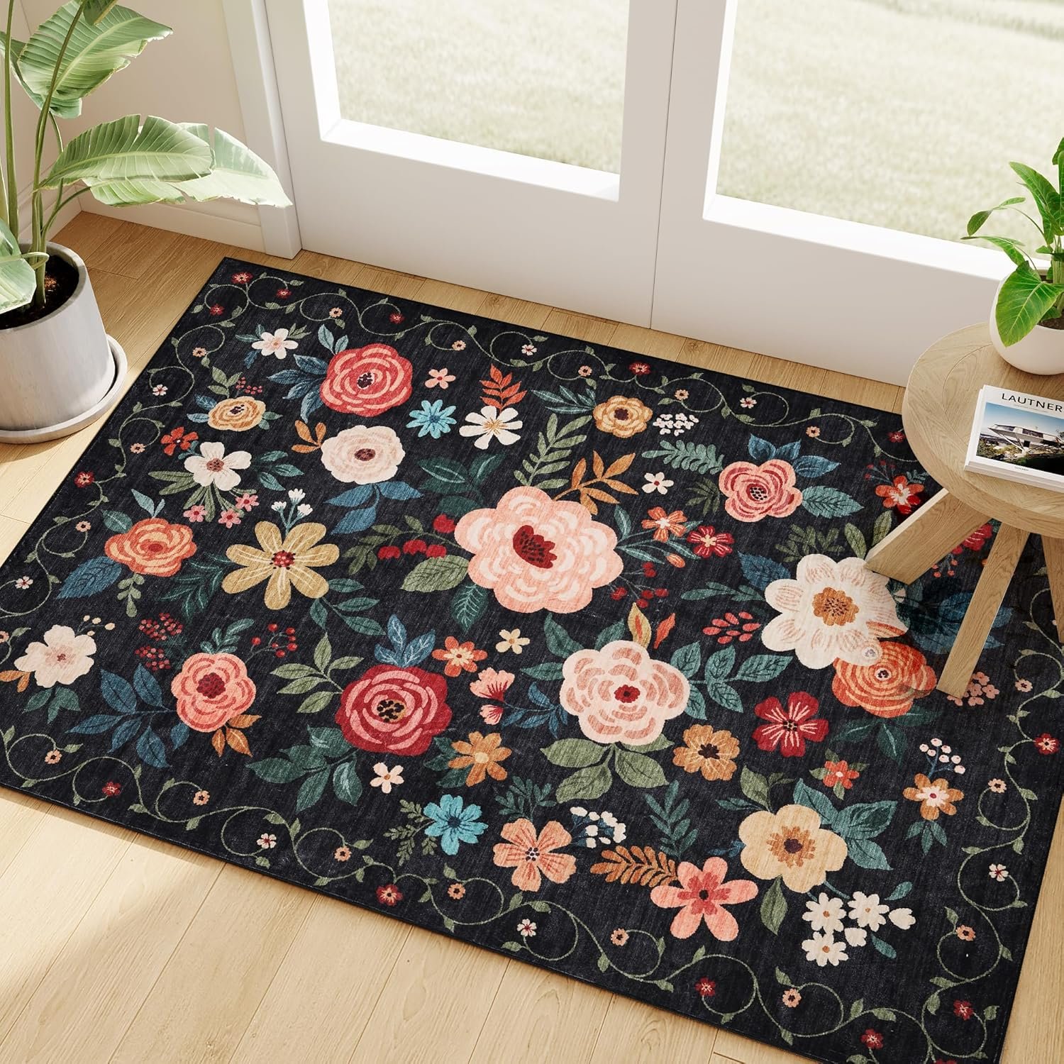 DUKINO 2×3 Door Mat Indoor Entrance, Floral Washable Rug Non Slip, Black | Low Pile, Non-Shedding Small Rug for Kitchen, Entryway, Bedroom, Bathroom, Pet Friendly, Stain Resistant, Modern Home Decor