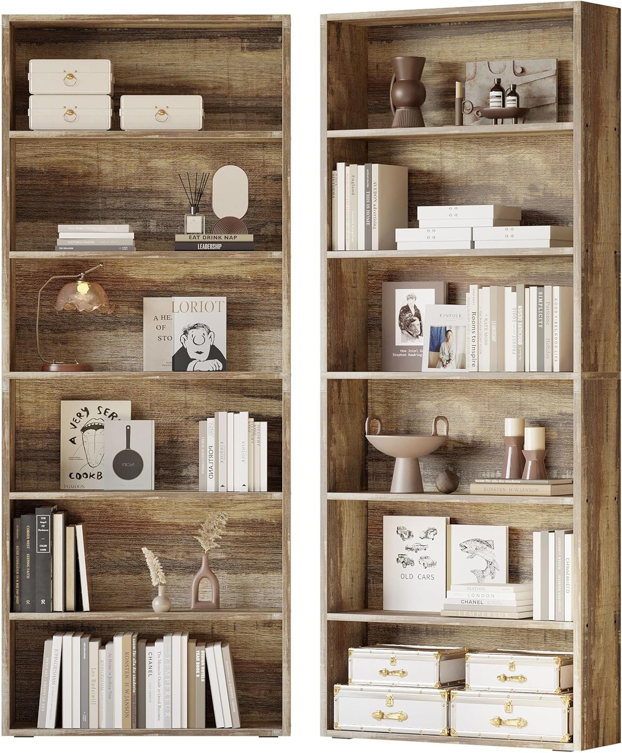 IRONCK Bookshelf and Bookcases 70″ Tall, 6 Tiers Display Storage Shelves | Bookshelves Set of 2, Wood Bookcase with Open Display Shelves for Home Office, Living Room, Library, Industrial Brown