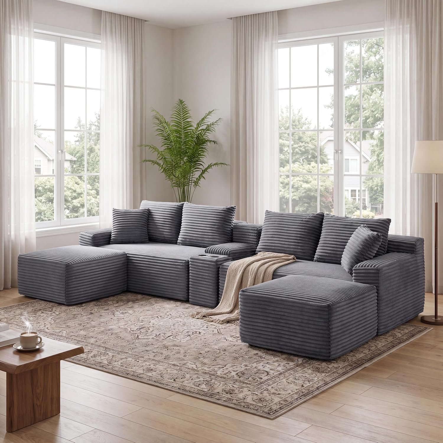 127″ U-Shaped Cloud Sectional Couch Oversized Modular Compressed Boneless Sectional Sofa with Ottoman Chaise Lounges & Console, Plush Corduroy Boneless Symmetrical Sofa