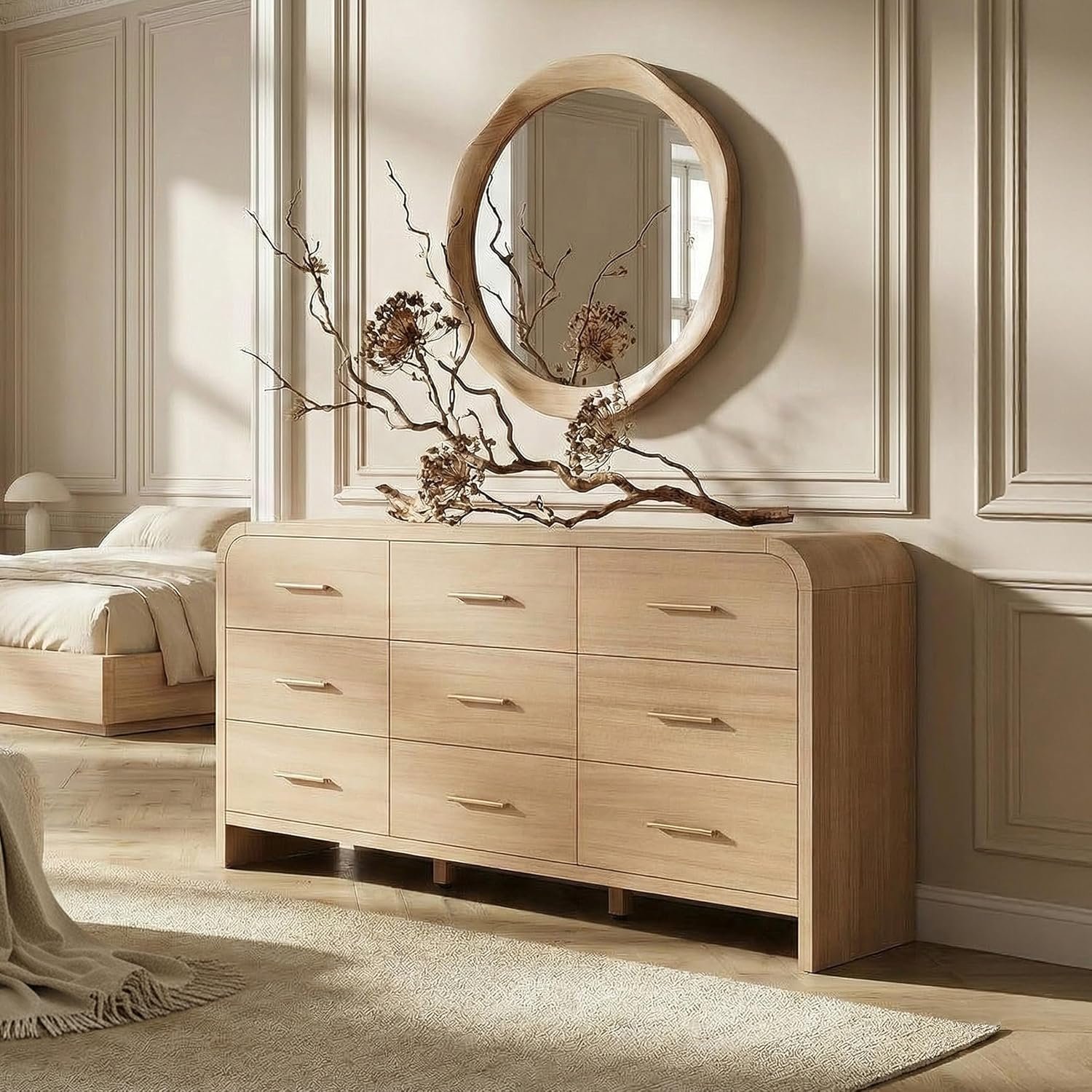 Curved 9-Drawer Dresser for Bedroom, 63″ Wide Modern Chest of Drawers, Vanity Desk TV Stand for Living Room, Closet Storage Drawers Organizer Furniture, Nursery, Hallway, Gray Oak