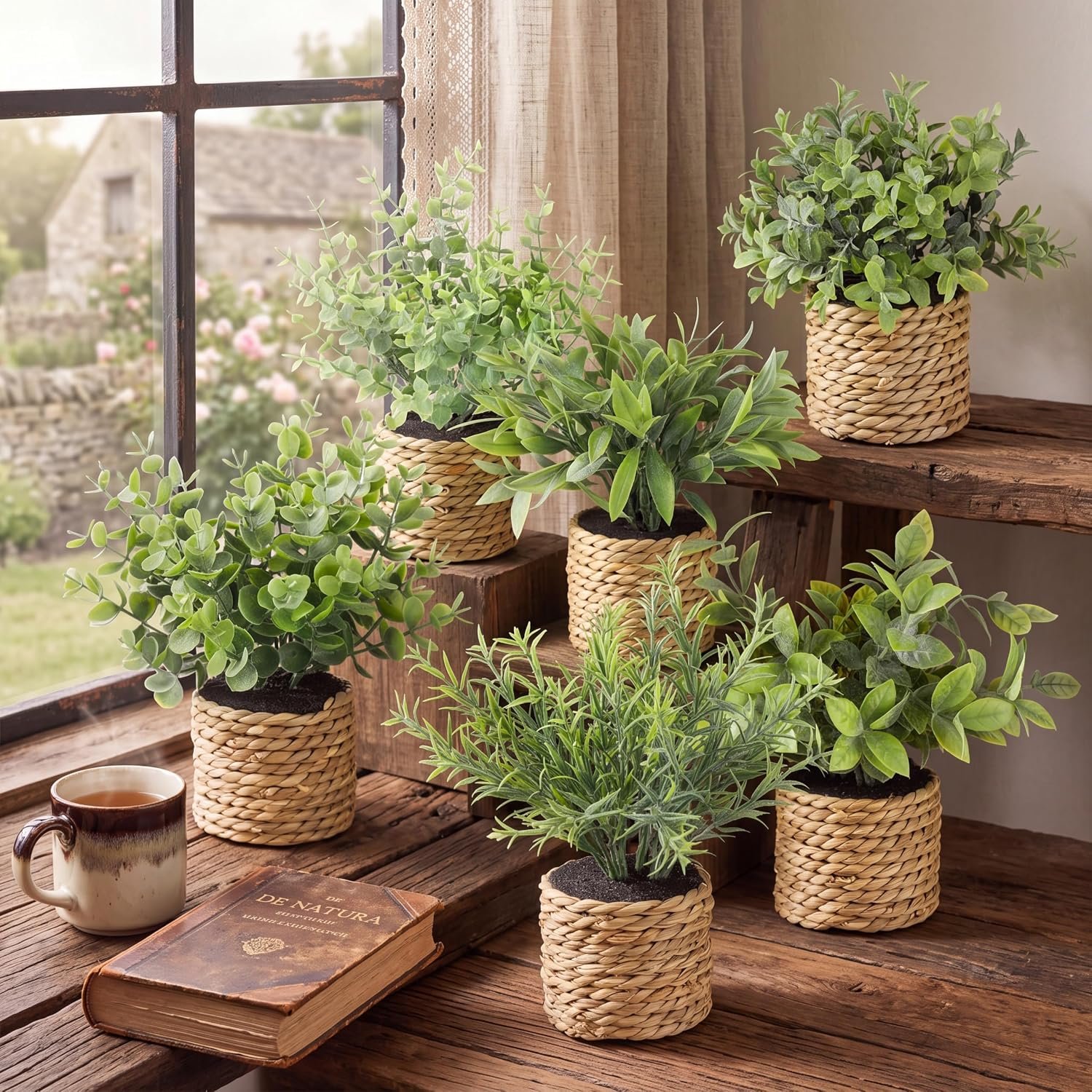 Eucalyptus 6 Pack Small Fake Plants Artificial Plastic Plants in Pots Woven Potted Greenery with Woven Vase for Home Office Desk Farmhouse Shelf Room Bathroom Centerpiece Decor Indoor
