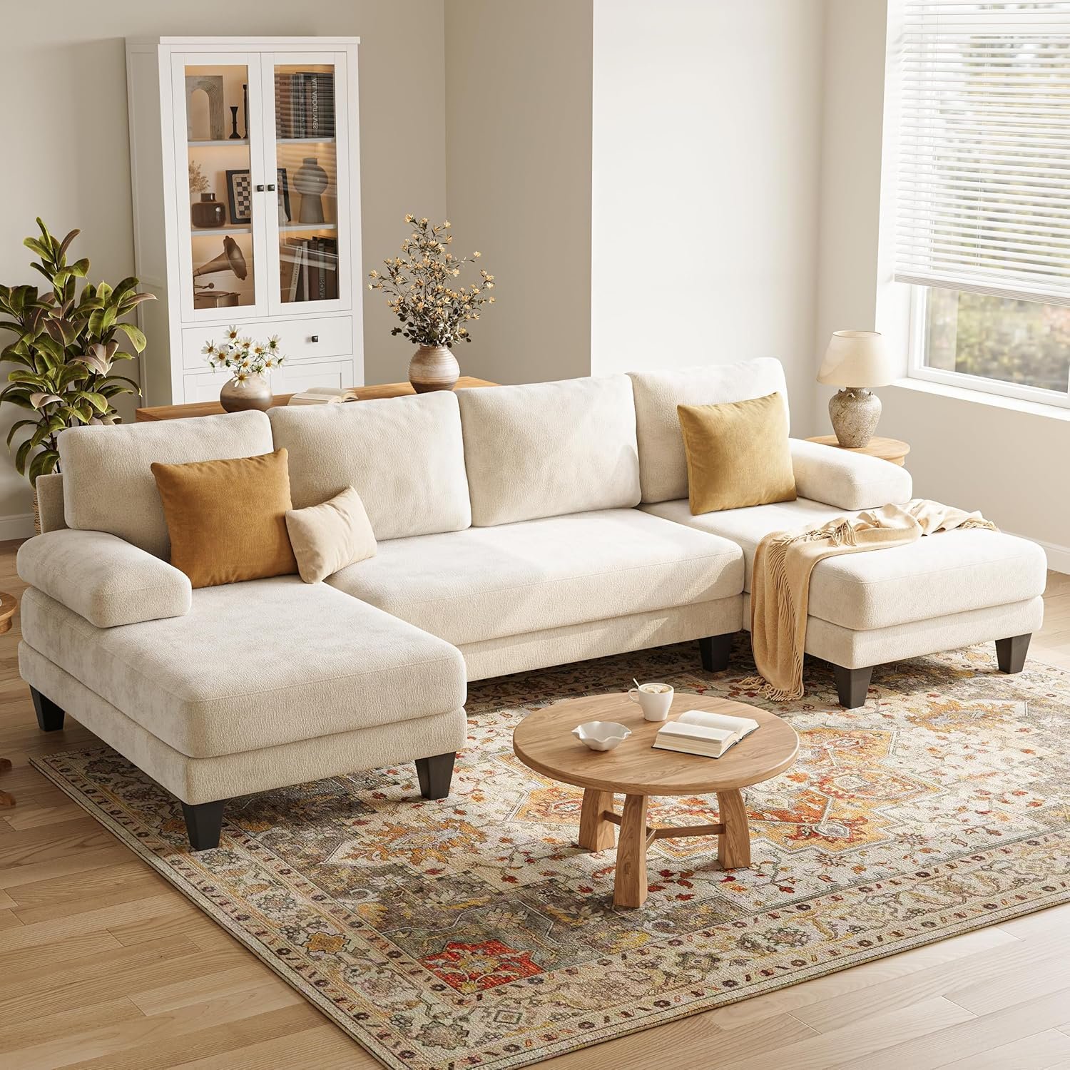 U-Shaped Sectional Couches for Living Room | 112 Inch Modern Sectional Couch | Warm White Chenille Sofa with Double Chaise for Apartment