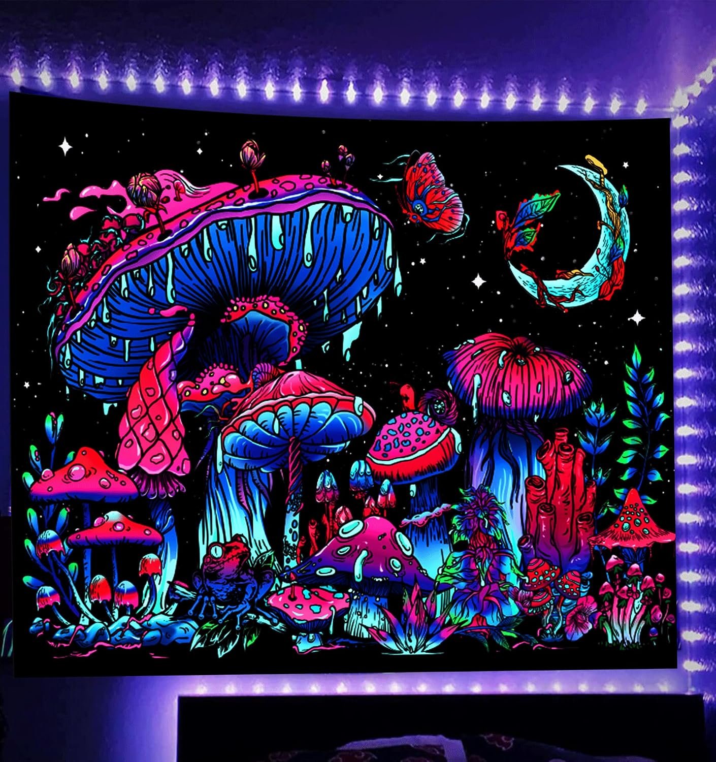 TUGCAY Blacklight Mushroom Tapestry, Glow In The Dark Tapestry Black Light Plant Fantasy UV Reactive Mushroom Butterfly Moon Tapestries Posters Wall Hanging for Bedroom Dorm Decor(50″x60″)