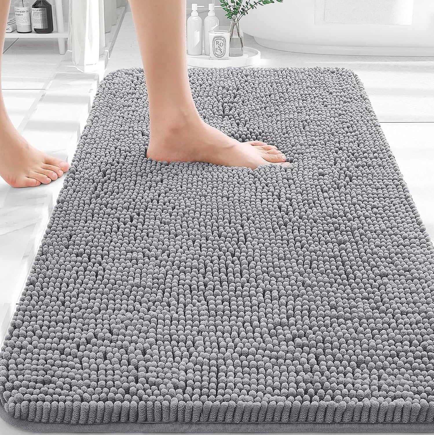OLANLY Bathroom Rugs 30×20, Extra Soft Absorbent Chenille Bath Rugs | Grey, Quick-Drying Rubber Backing, Machine Washable Bath Mat for Bathroom Floor, Tub and Shower, Home Decor Accessories