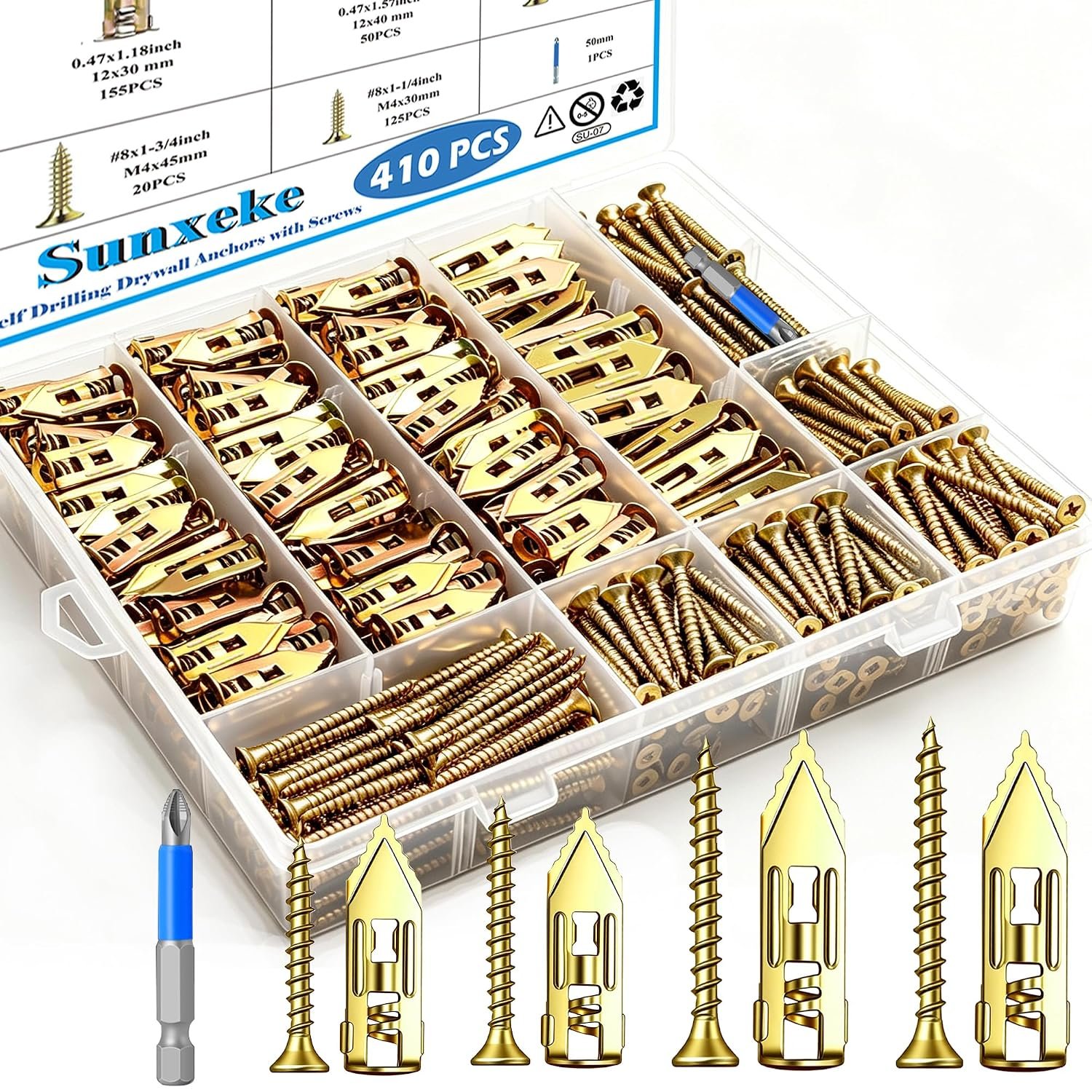 410PCS Self Drilling Drywall Anchors and Screws Kit, Heavy Duty Wall Anchors for Drywall, Zinc Plated Self Drilling Anchor Screws, No Drill Needed for Picture Hanging & Furniture Fixing