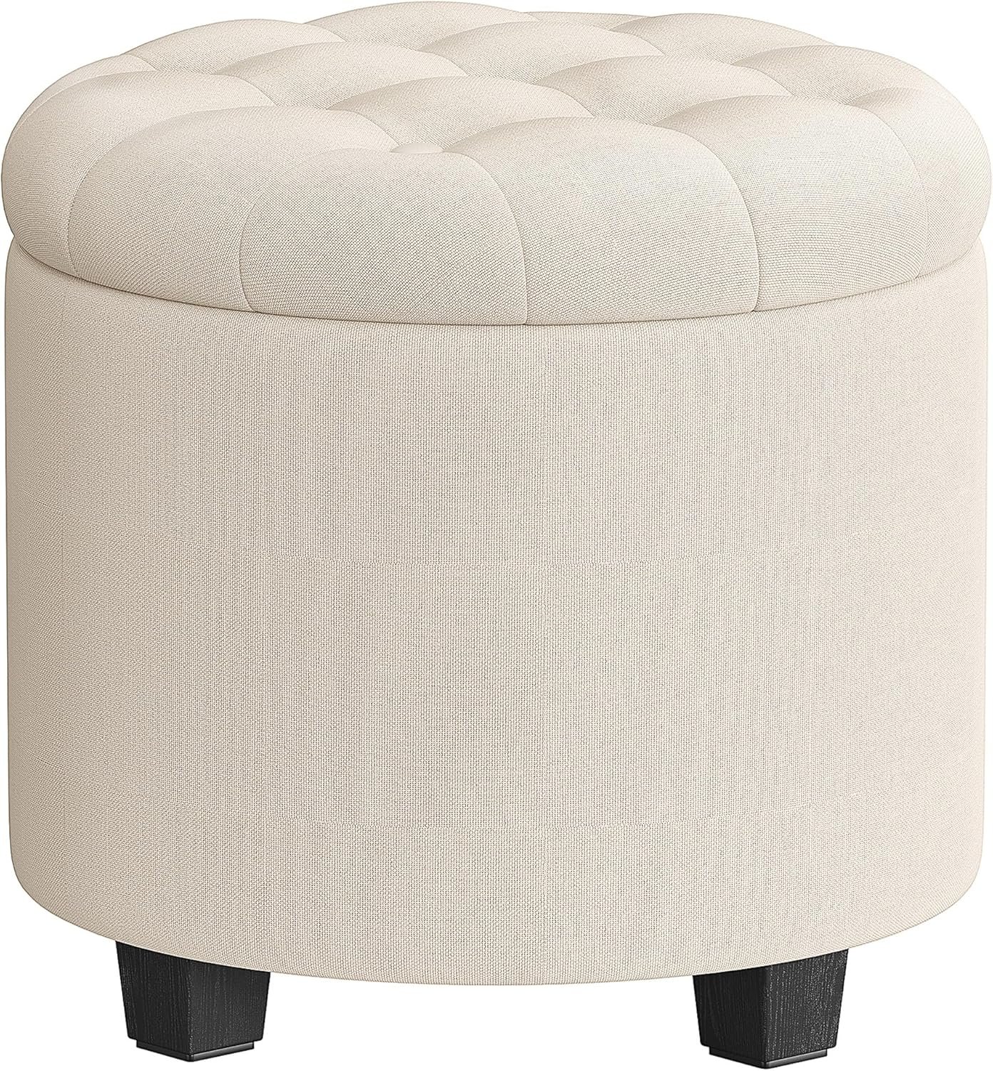 SONGMICS Round Ottoman, Ottoman with Storage, 17.7 x 17.7 x 17.5 Inches, Foot Rest with Legs, Linen-Look Fabric, Load up to 330 lb, for Living Room, Bedroom, Light Beige ULOM011W01