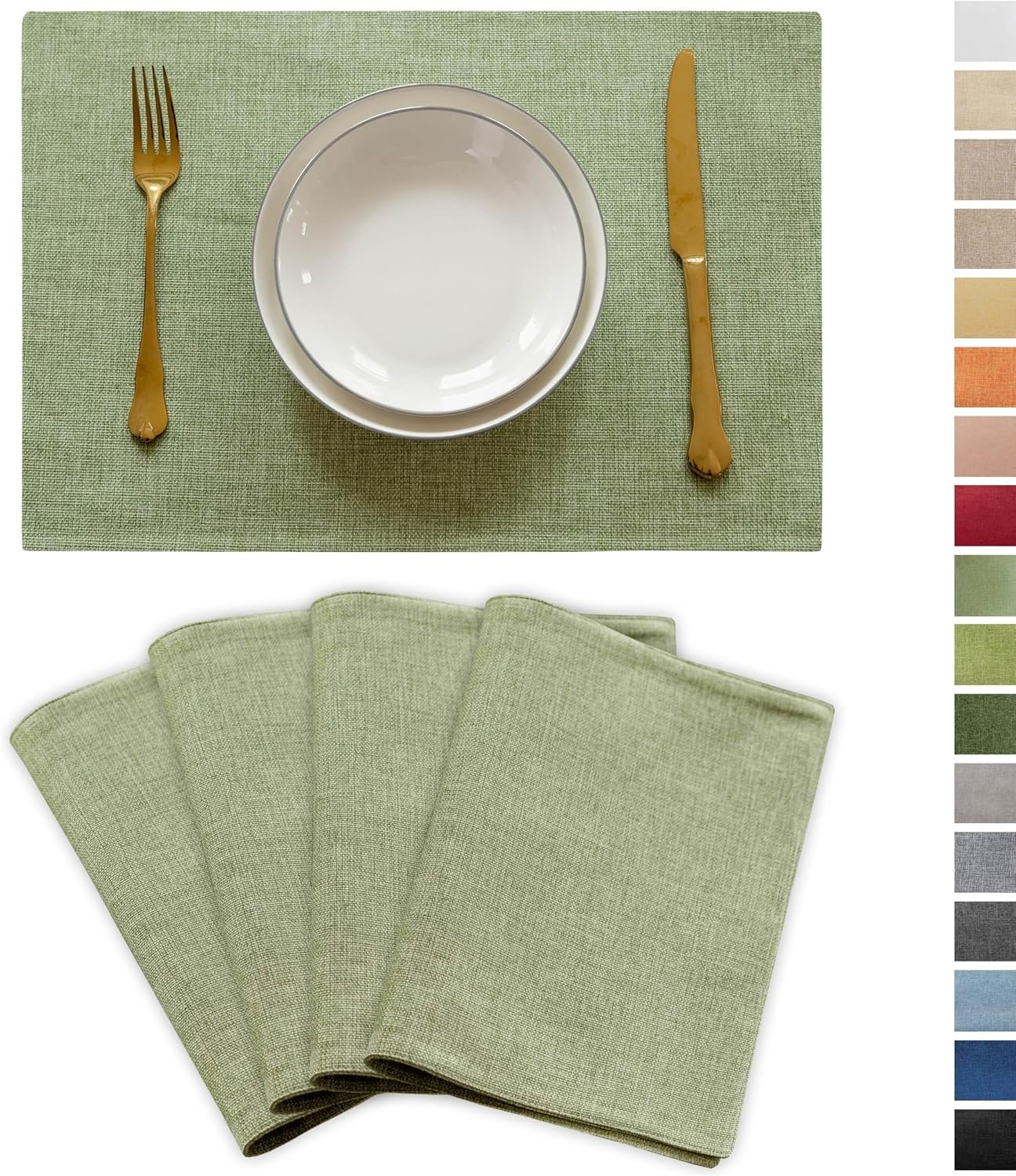 Demetex Green Placemat Set of 4 Washable Linen Textured Place Mats for Dinner Heat Resistant Sage Cloth Placemats Scratch Resistant Plate Mats for Dining Table Kitchen Summer, Green