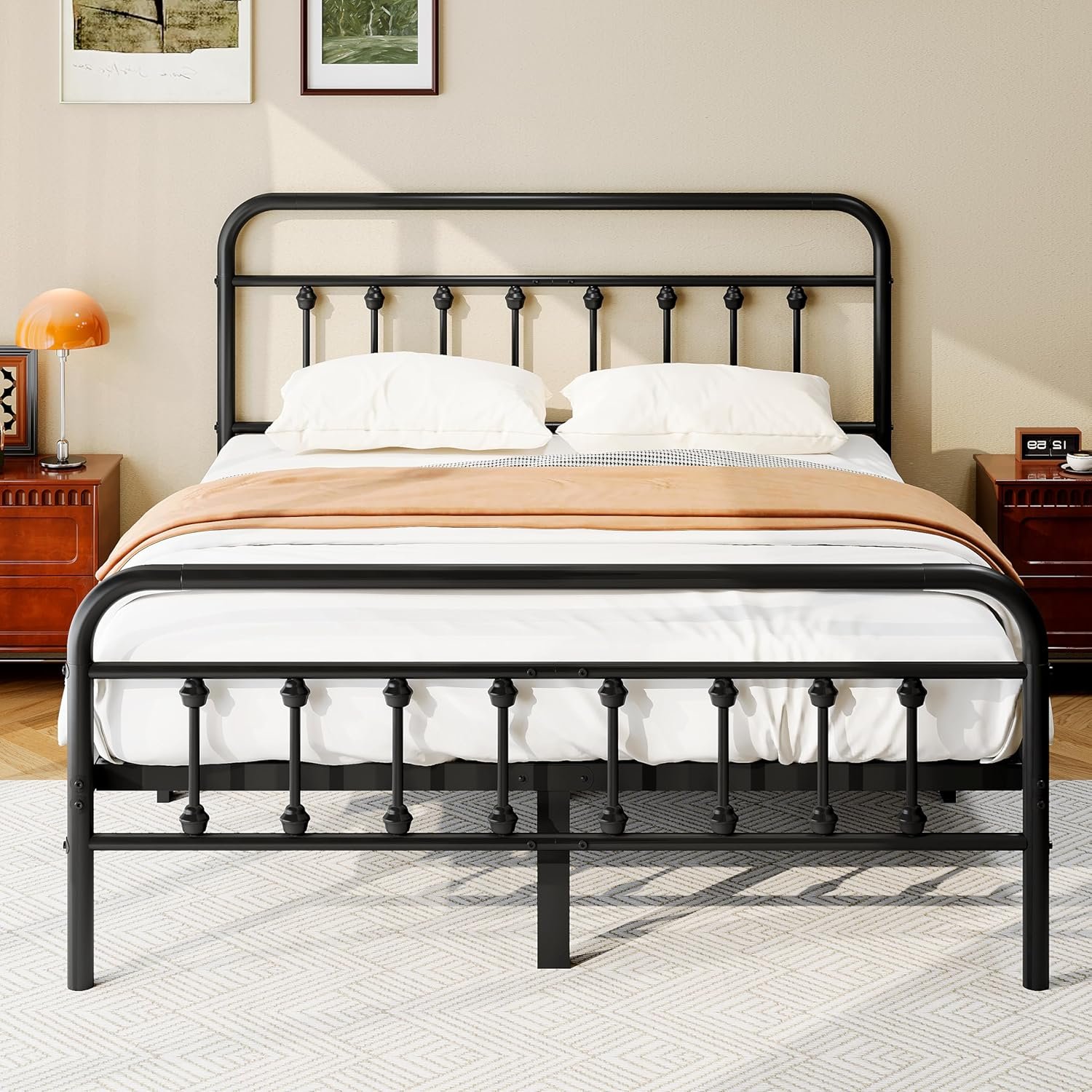 zunatu Queen Size Metal Bed Frame with Victorian Style Headboard and Footboard, Steel Slat Support Platform Bed, No Box Spring Needed, Under Bed Storage, Easy Assembly, Black
