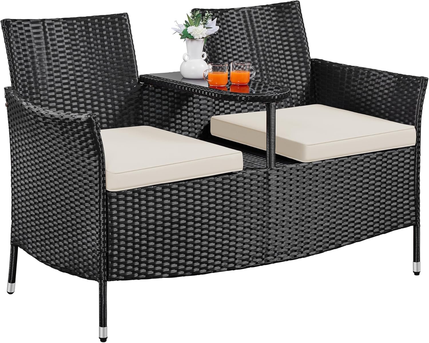 Yaheetech Patio Loveseat, Outdoor Wicker Double Chair w/Side Table | PE Rattan Furniture Set for Two People, Love Seat w/2 Removable Cushions & 1 Tempered Glass Side Table, Black/Beige