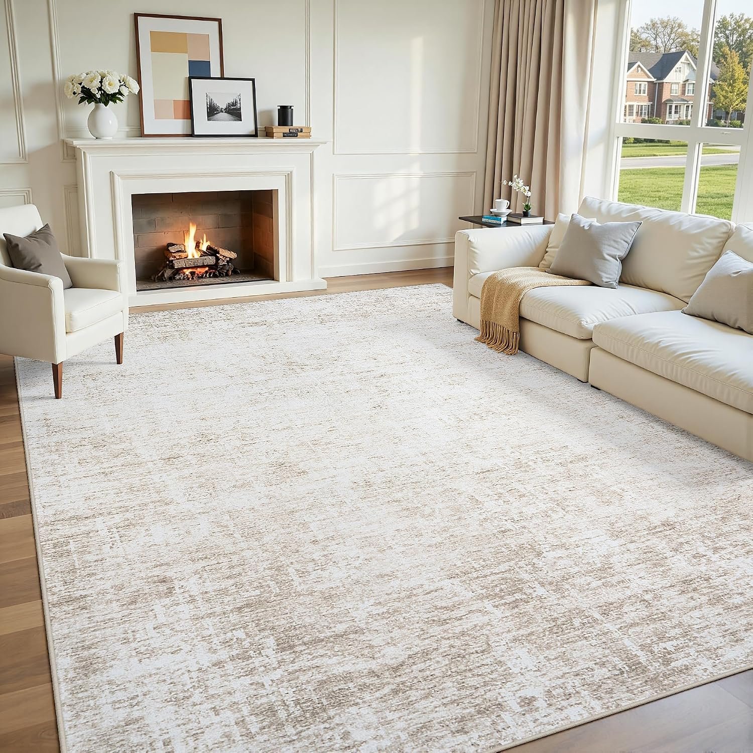 Washable 6×9 Abstract Beige Area Rugs for Living Room | Large Modern Neutral Rugs Soft Non Slip Stain Resistant Low Pile Carpet Dining Room Bedroom Indoor Nursery Home Office