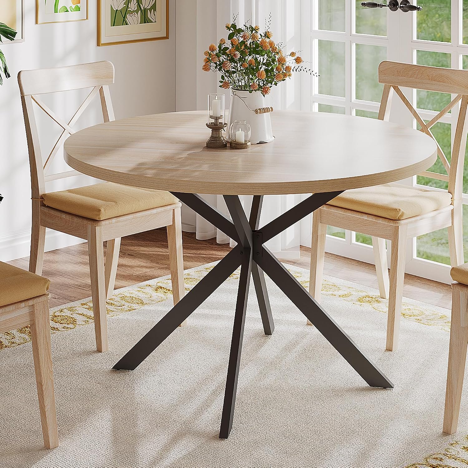 ChooChoo 47.2 Inch Round Dining Table for 4 | Farmhouse Wood Kitchen Table, Circle Dinner Table for Kitchen & Dining Room, Natural Oak