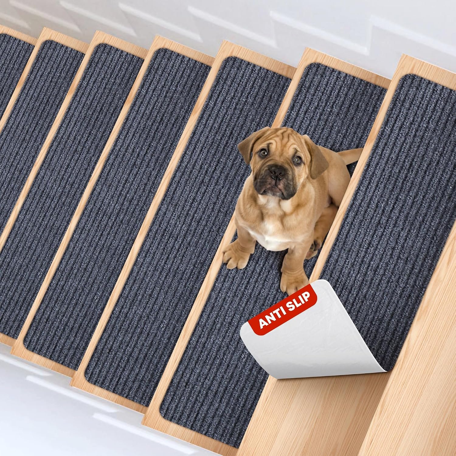 MBIGM Carpet Stair Treads for Wooden Steps, 15 Pack, 8″ x 30″, Grey Stripe | Four-layer polyester carpet with PP grid base, nonwoven cushion and TPR adhesive backing adds indoor traction and comfort