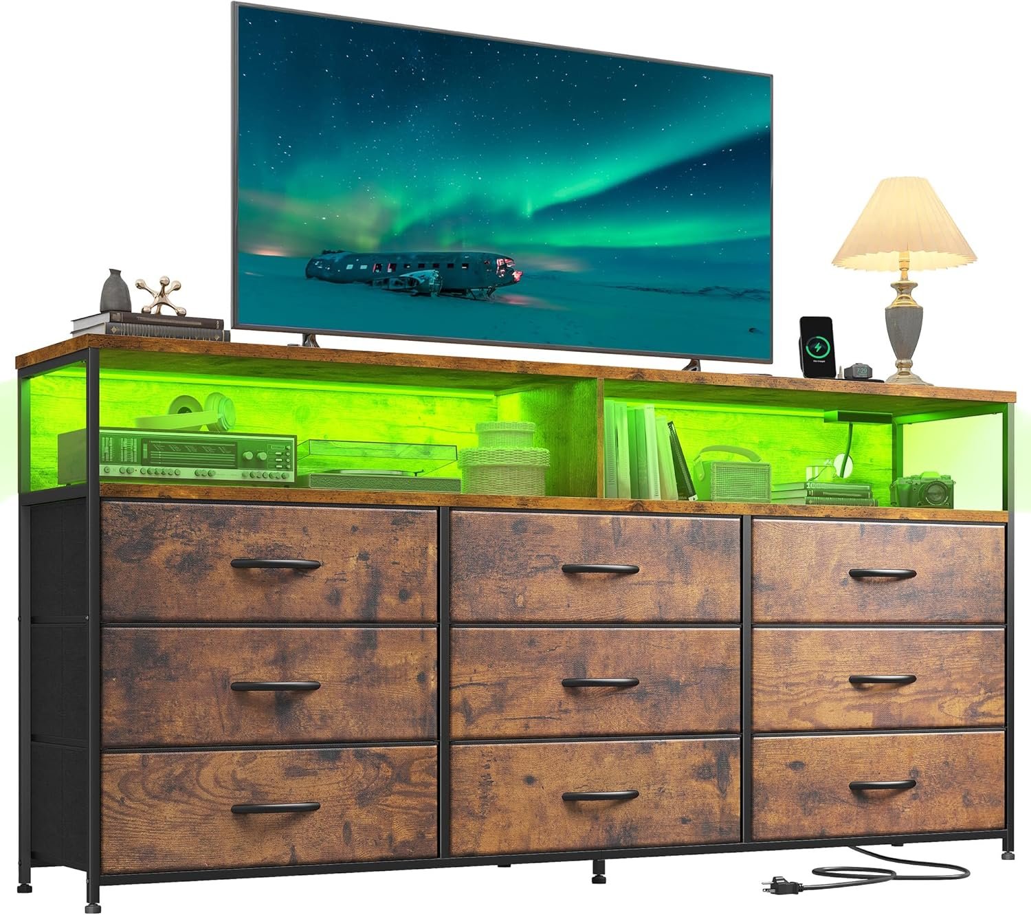 Romorgniz 55″ W Dresser for Bedroom with 9 Drawers LED TV Stand with Power Outlets for 45, 55, 65 Inch TV Sturdy Long Chest of Drawers with Extra 2 Wooden Shelves Steel Frame Rustic Brown