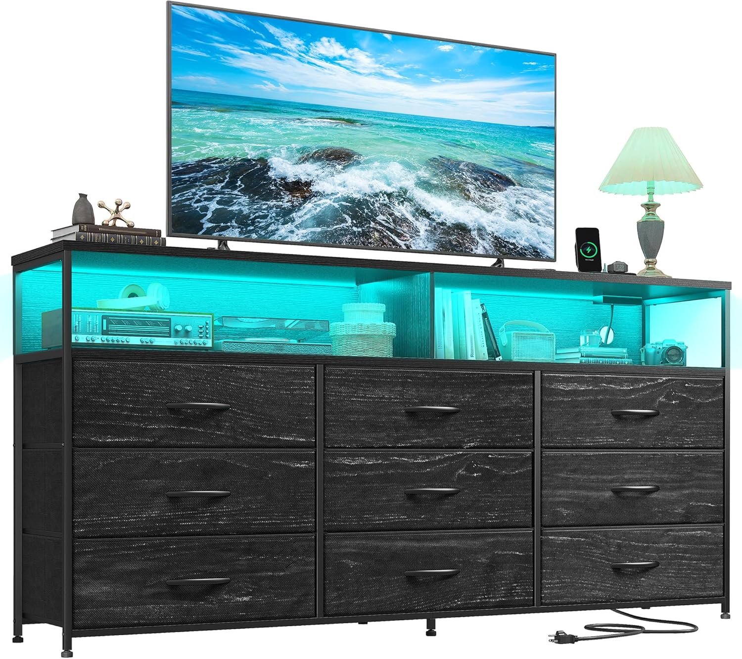 55″ W Dresser for Bedroom with 9 Drawers LED, Power Outlets Fits 65″ TV | TV Stand for 45, 55, 65 Inch TV Sturdy Long Chest of Drawers with Extra 2 Wooden Shelves Steel Frame Grain Black