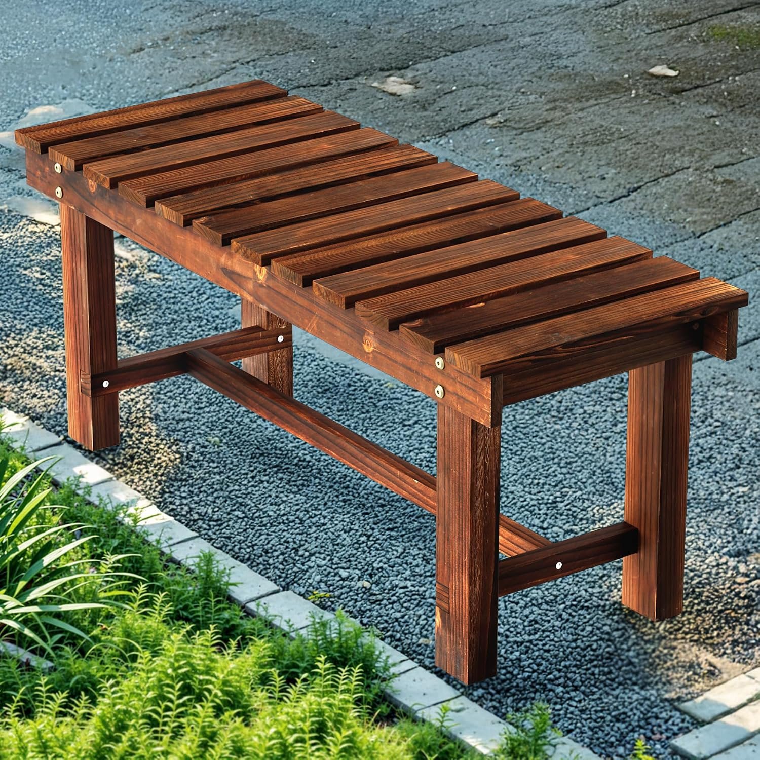Outdoor Garden Bench, 35.5″/47.2″ Wooden Patio Entry Bench, Weatherproof | Plant Stand & Backless Bench 2-in-1, Mortise-Tenon Structure, 2-4 Person Seat All Weather Bench for Front Porch Lawn Backyard