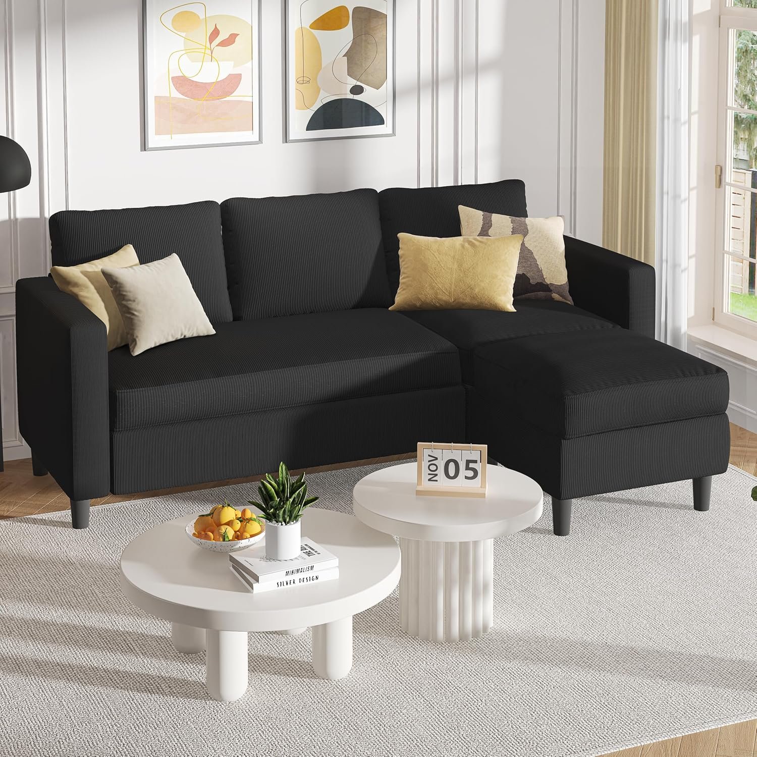 Shintenchi Modern Upholstered Sectional Sofa, L-Shaped Couch with Movable Ottoman and Reversible Chaise for Living Room, Black Corduroy Fabric