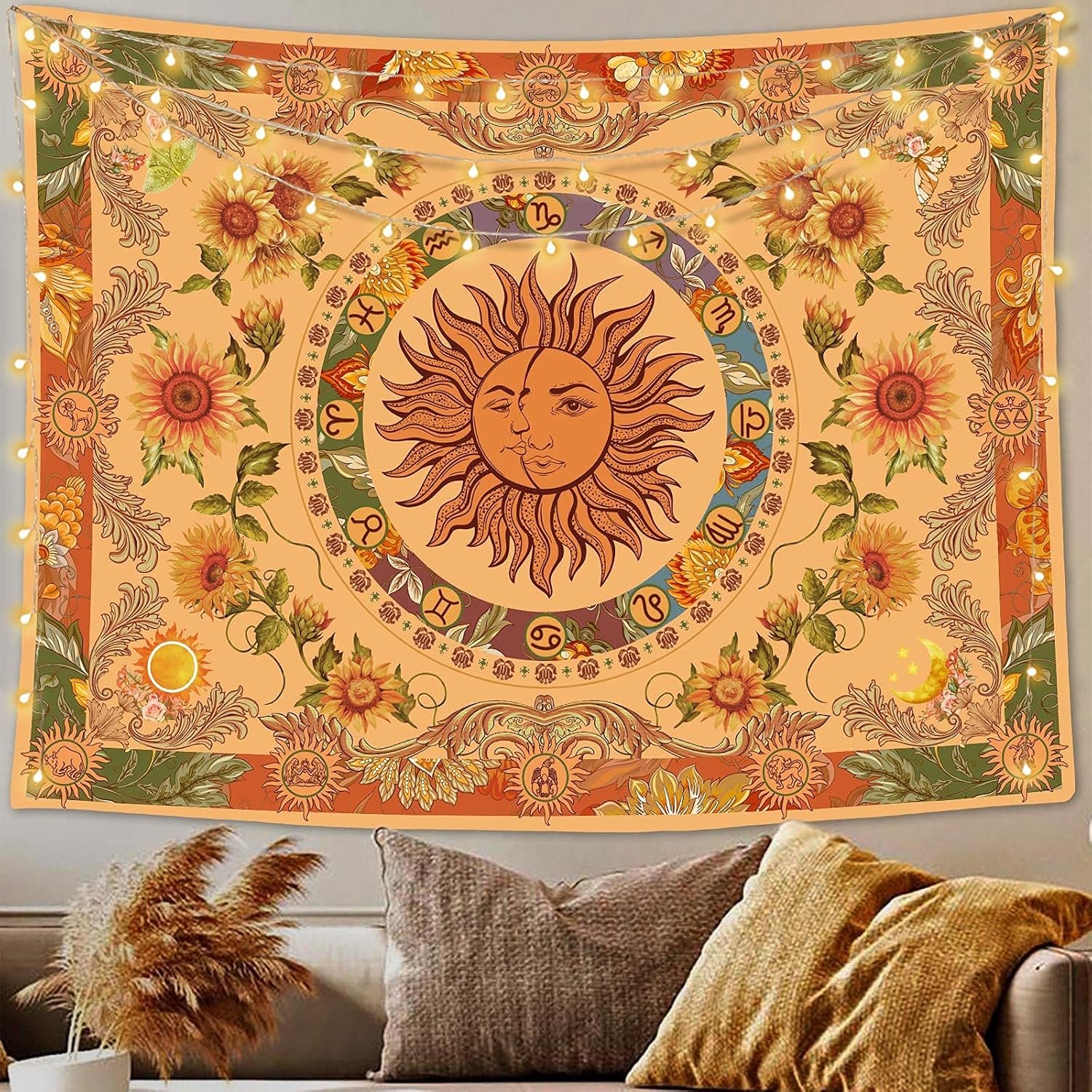 Accnicc Yellow Sun and Moon Tapestry Vintage Indie Boho Tapestry Wall Hanging with Sunflowers Butterfly Moth Constellation Aesthetic Wall Tapestries for Bedroom Dorm Living Room (Orange, 48” × 36”)