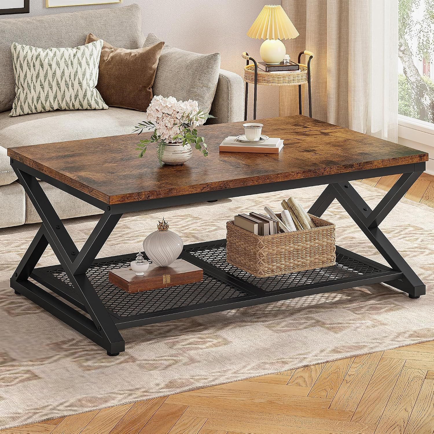 EnHomee Coffee Table with Storage & Shelf for Living Room, Rustic Brown | Families, Wood & Metal, Holds Magazines & Drinks, Industrial Design, 39.4″