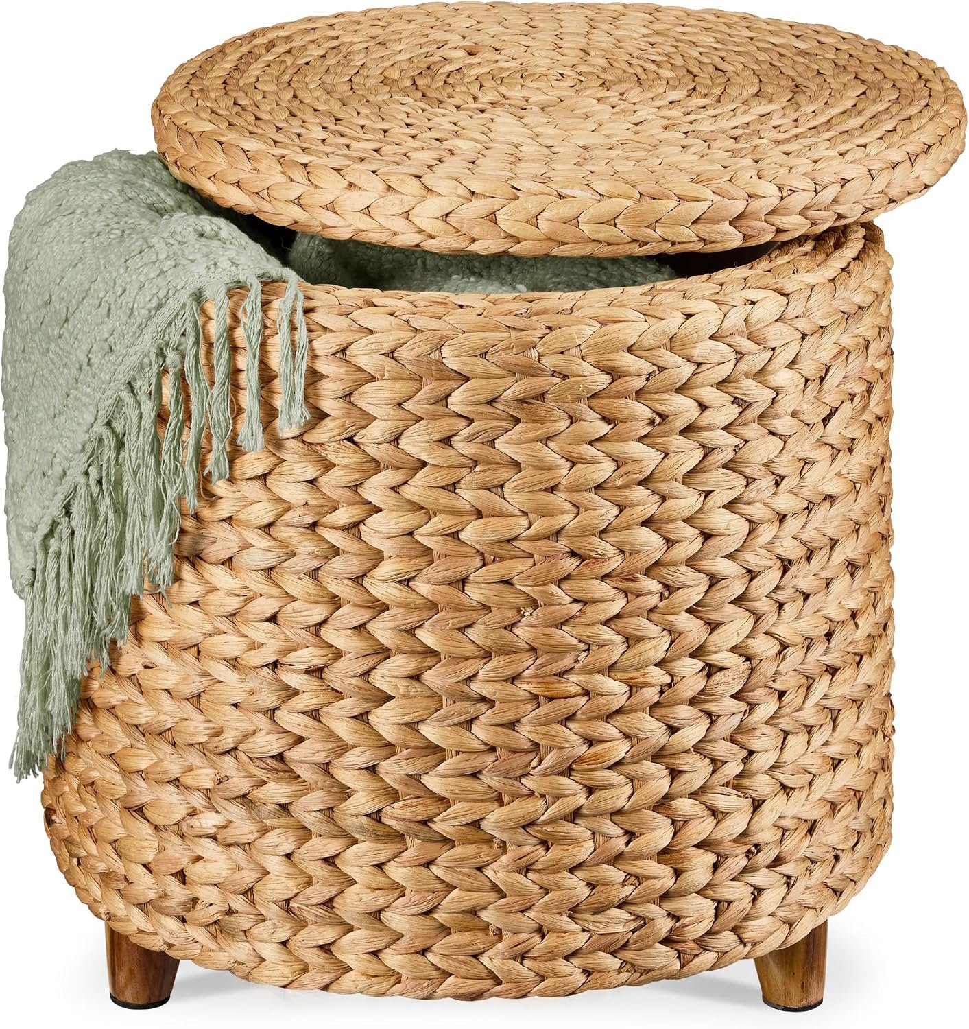 Best Choice Products 17″ Round Storage Ottoman W/Lid, Handwoven Water Hyacinth Footstool, Footrest w/Wooden Legs, Accent Side Table, Storage Container, Plant Stand – Natural