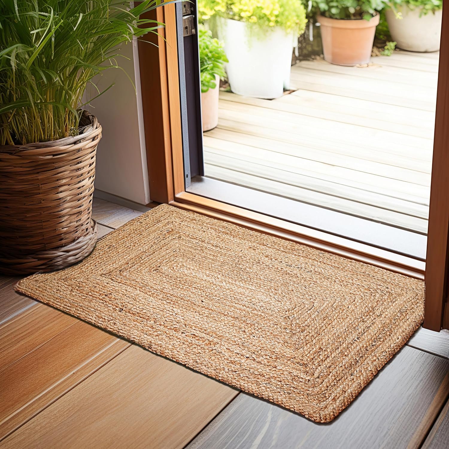 Hausattire Jute Braided Area Rug, Natural, 2×3 ft | 100% natural jute, hand woven, reversible, boho farmhouse style, entryway/kitchen/living room, indoor/outdoor