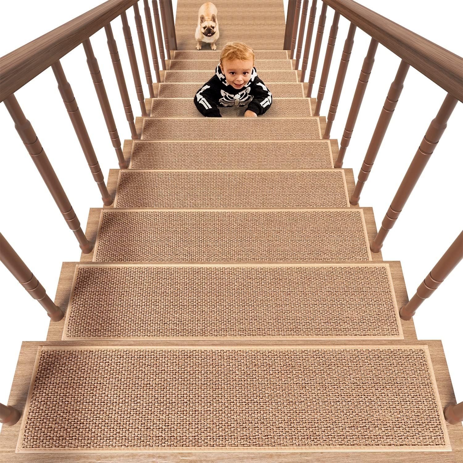 Padoor Non Slip Stair-Treads, Rubber Backing Stair-Runners for Wooden Steps | 15PCS Residue Free Carpet Stair Treads for Kids and Dogs 8″x30″ Beige