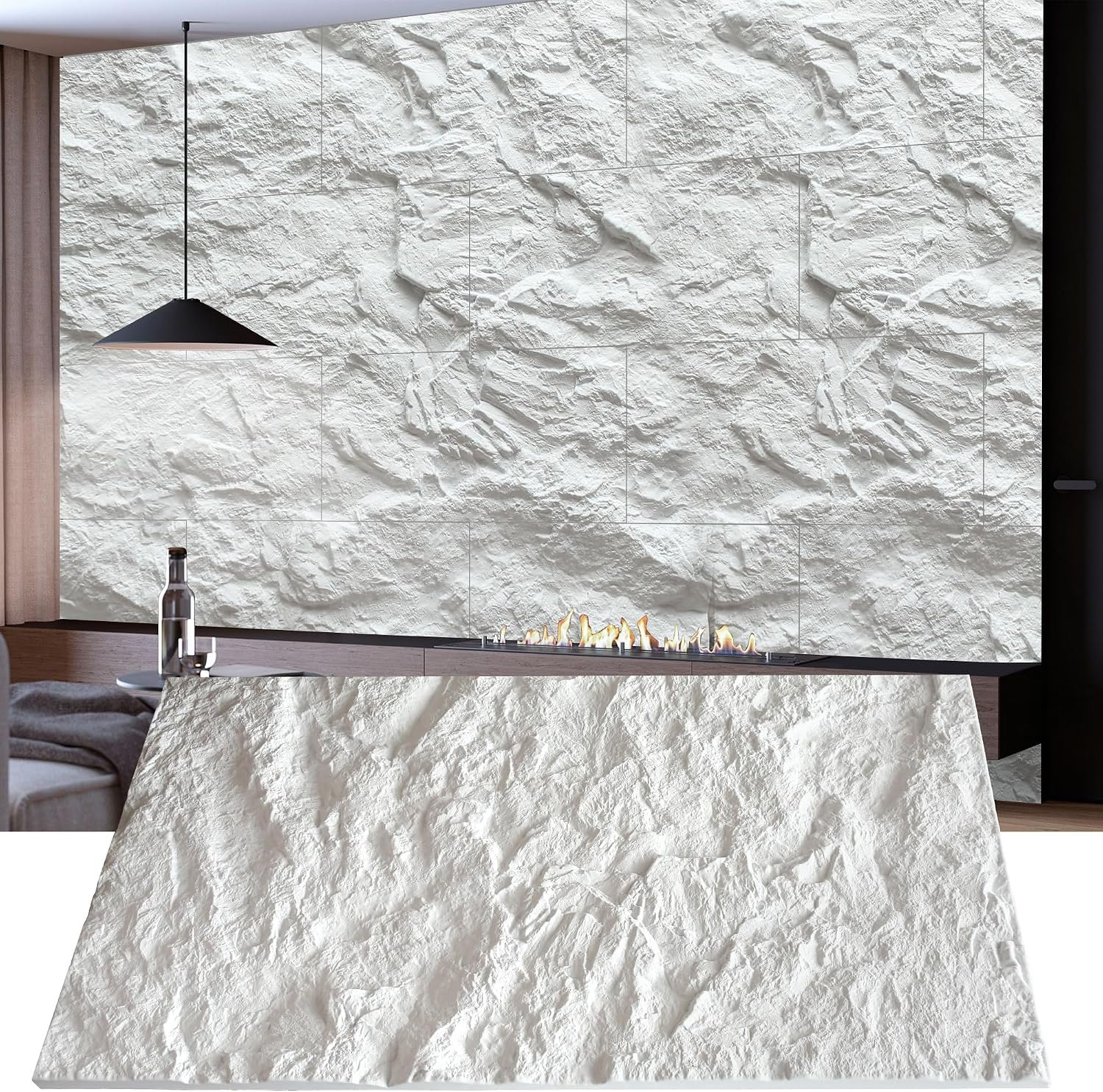 KASARO 3D Faux Stone PU Wall Panels, 4 Pack Cement Texture White | Thicker PU wainscoting panels with realistic stone texture for accent walls, home & office decor, easy install, 43.3″ x 23.6″