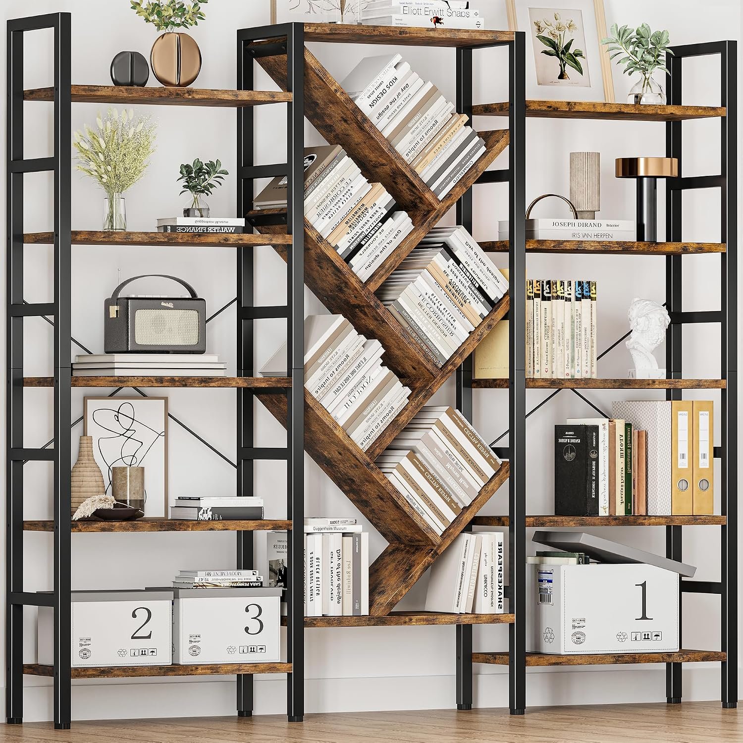 70×70 Triple 5 Tier Book Shelf, Large Wooden Bookcase with 17 Open Display Shelf, Modern Tree Bookshelf Metal Frame Tall Book Case Furniture for Living Room Bedroom Home Office Rustic Brown
