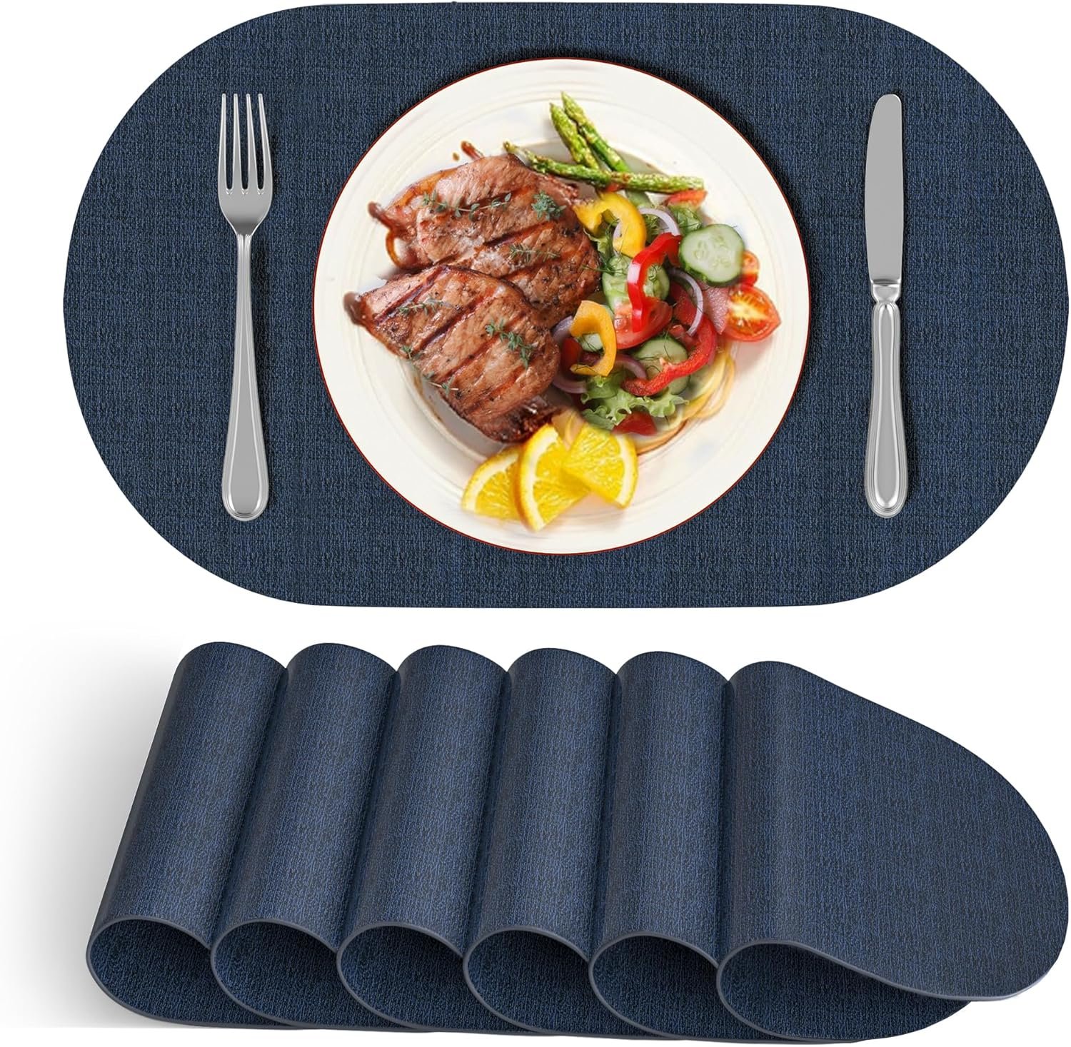 DOLOPL Oval Faux Leather Placemats Set of 6, Reversible Waterproof Heat Resistant & Wipeable Table Placemats, Washable Dining Table Mats for Kitchen Table,Everyday Dining,Gatherings,Parties(Navy Blue)