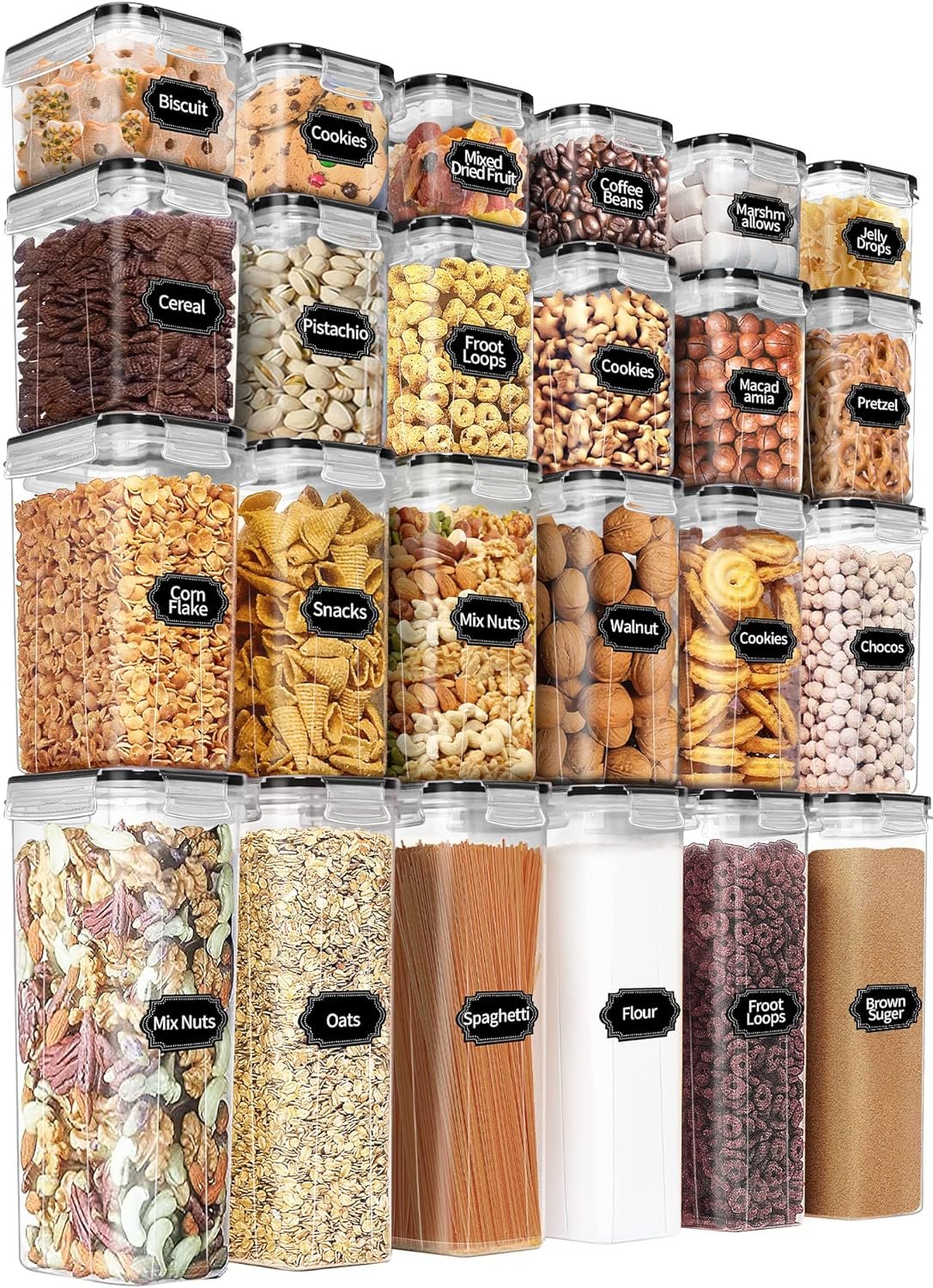 PRAKI Airtight Food Storage Containers Set with Lids – 24 PCS, BPA Free Kitchen and Pantry Organization, Plastic Leak-proof Canisters for Cereal Flour & Sugar – Labels & Marker