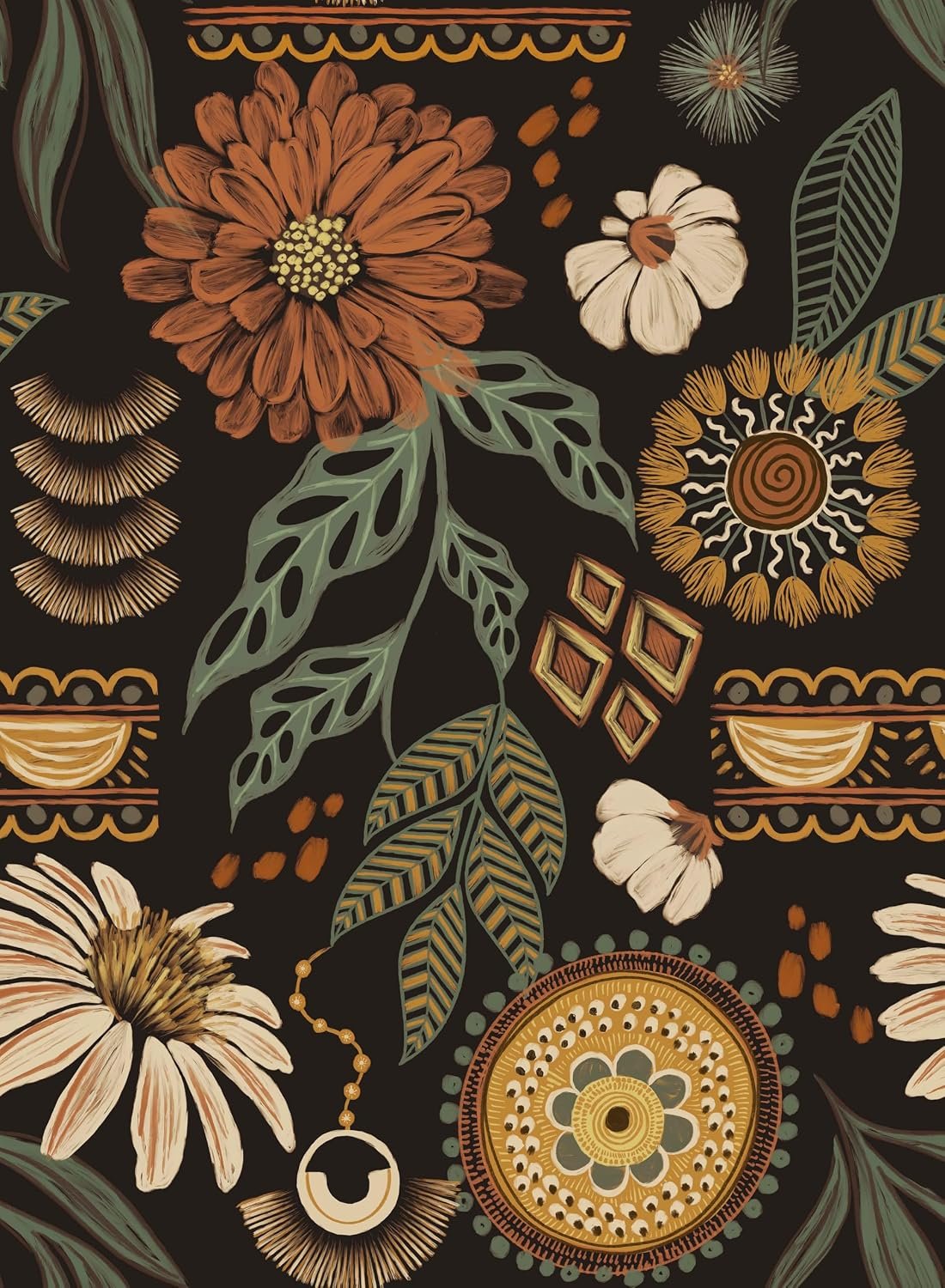 Simon&Siff Boho Peel and Stick Wallpaper, 17.3″ x 80″ Sun Floral Retro Contact Paper Removable Self Adhesive Wall Paper for Cabinets Furniture Bedroom Bathroom Renter Friendly DIY Decor