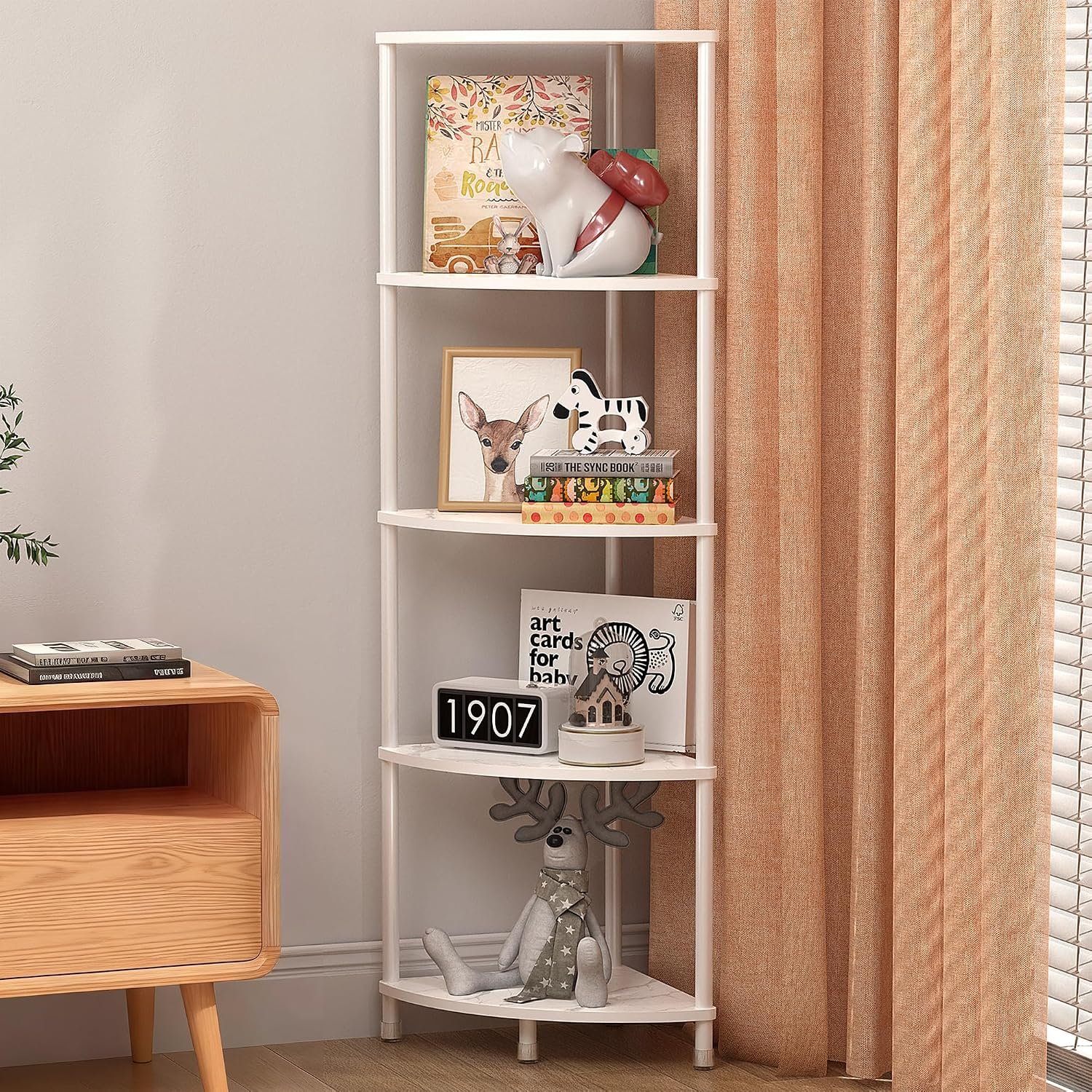 5 Tier Corner Shelf Stand, 44.1″ Kitchen Shelf Organizer with Metal Frame, Small Corner Shelf for Bathroom Organization & Storage, Marble White Corner Shelf for Kitchen Decor Accessories