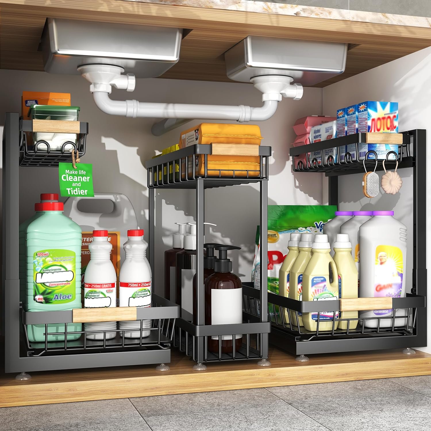 3-Pack 2-Tier Height Adjustable Under Sink Organizer, Black | Multi-purpose metal storage shelf with sliding shelves for kitchen, bathroom, pantry & laundry cabinet