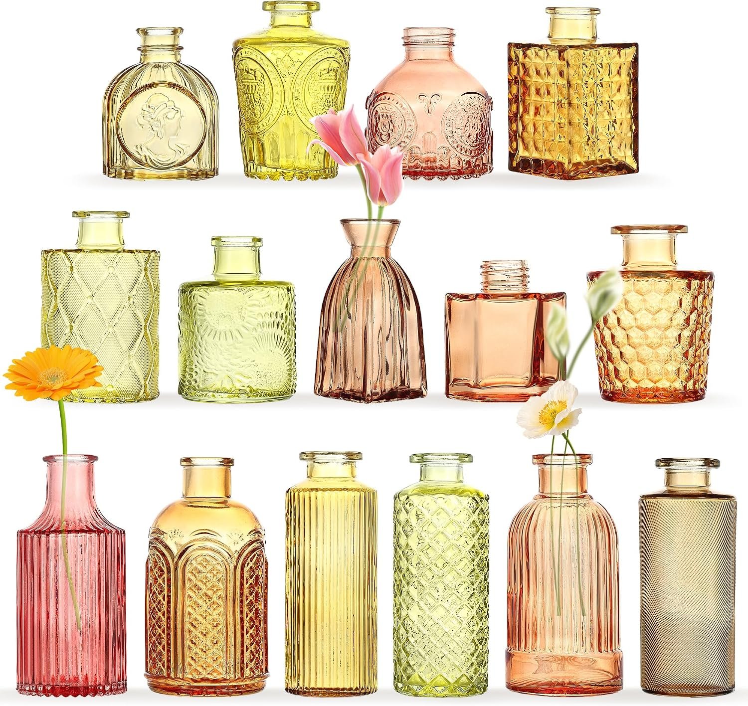 15 Pcs Colored Bud Vases Set,Wedding Table Decor, Bulk Housewarming Gift | Colored bud vases in bulk, Rustic embossed,Vintage-styled glass vases for centerpieces,15 unique vintage styles(1 per design)