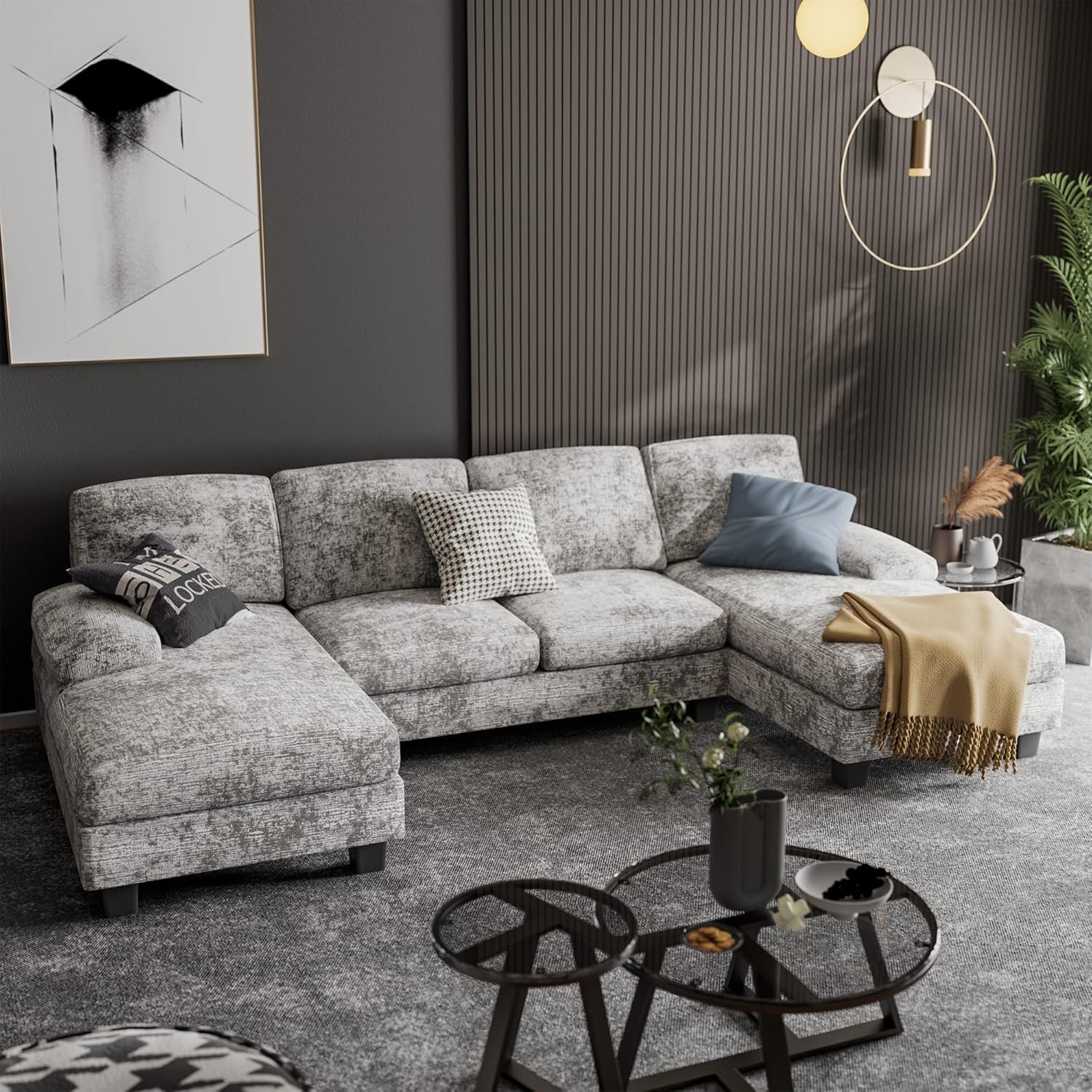 Furniwell U-Shaped Convertible Sectional Sofa Couch,Fabric, Grey | 105.9 inch,4 Seat Sofa Set for Living Room Modern Fabric Modular Sofa Sleeper with Double Chaise & Memory Foam