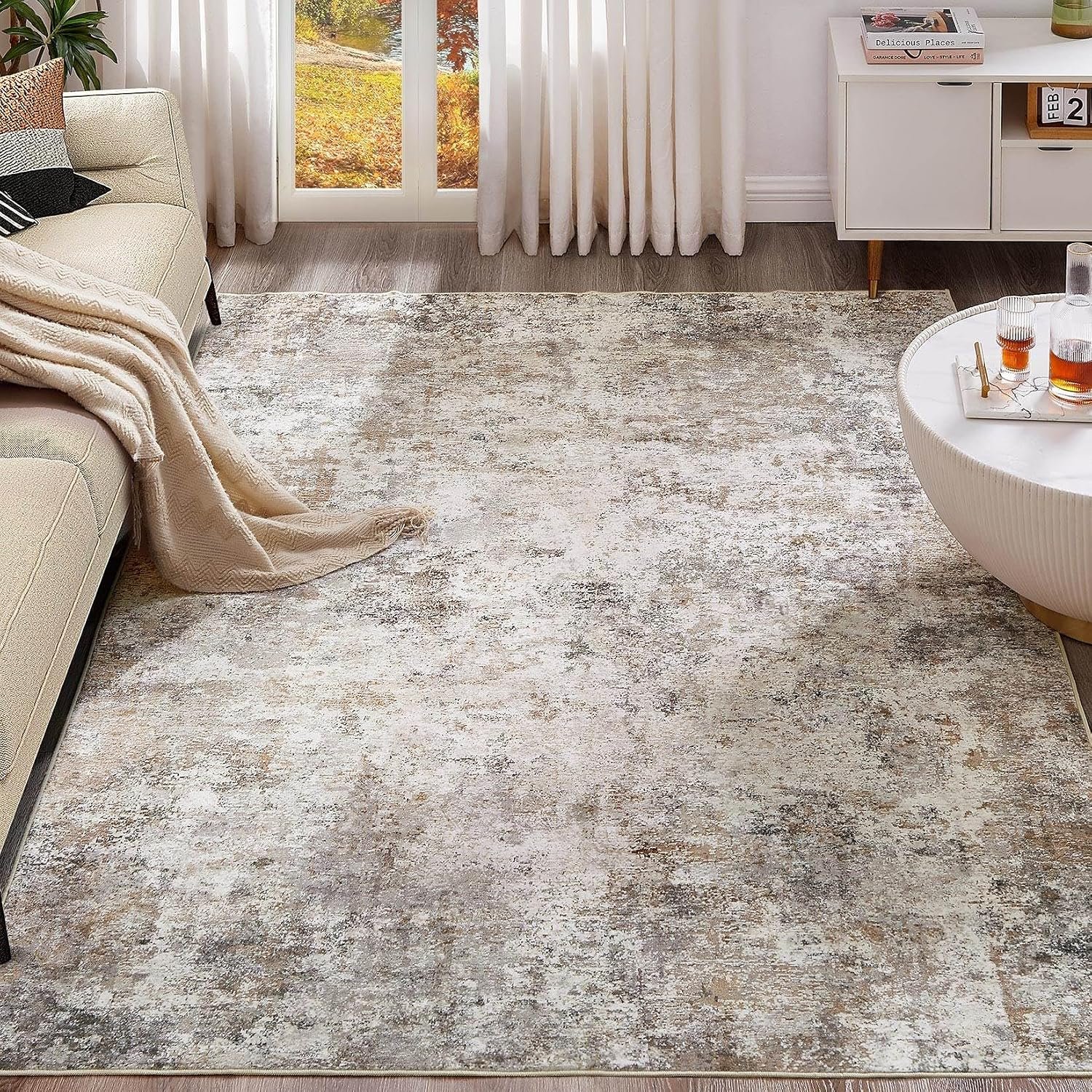 UERMEI 8×10 Area Rug Living Room Rugs – Washable Neutral Modern Abstract Soft Thin Large Rug Indoor Floor No Slip Rug Carpet for Bedroom Under Dining Table Home Office Decor – Brown Grey