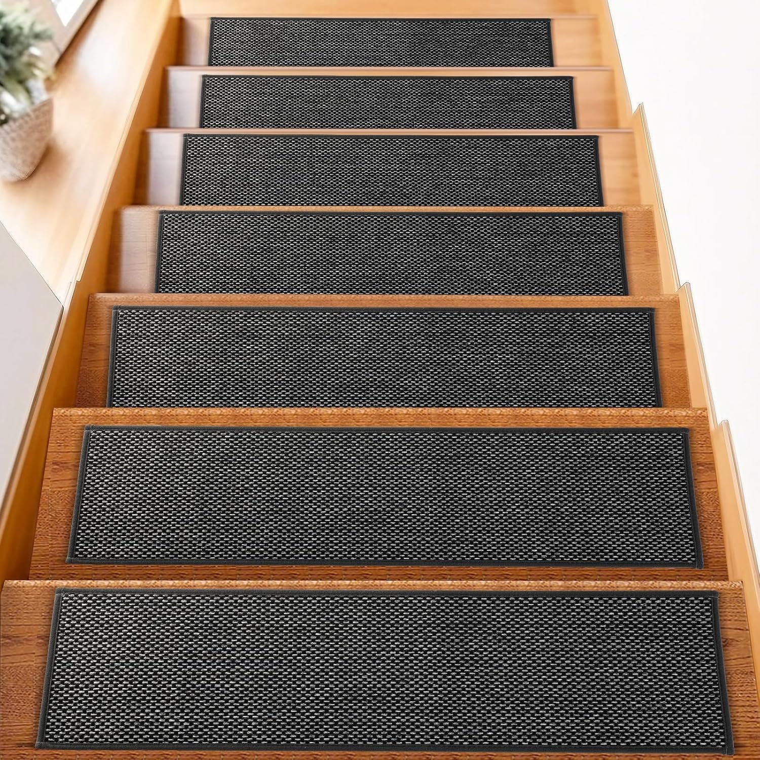 FlowaFoli Stair Treads for Wooden Steps Indoor,8″ X 30″ (15 in Pack) Carpet Stair Treads for Wood Stairs, Machine Washable Stair Runners for Kids Elders and Pets,Black & Snow Spots