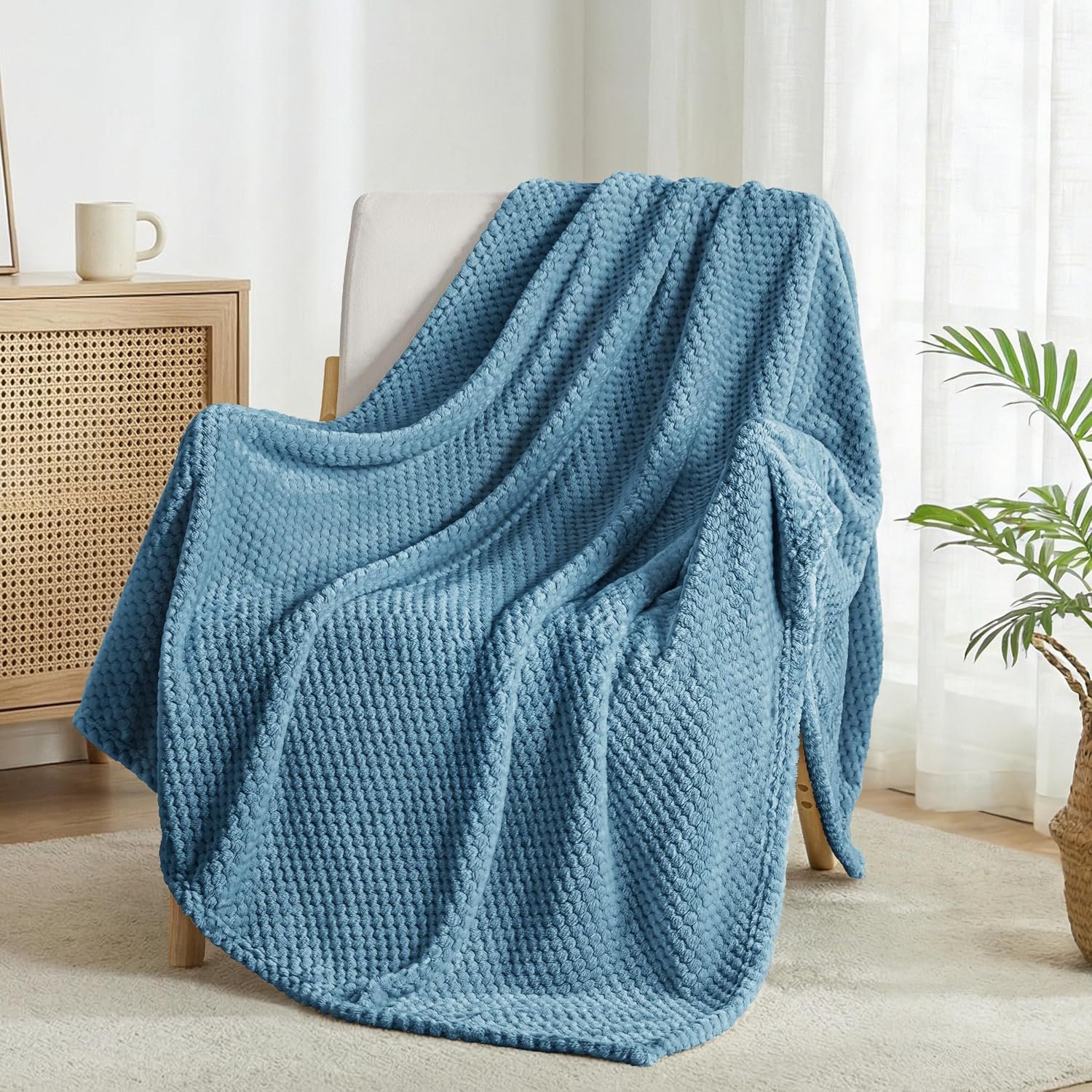 Exclusivo Mezcla Large Waffle Fleece Throw Blanket for Couch, Slate Blue | Lightweight Soft Blanket for Sofa, Bed, Living Room, Plush Fluffy Throw for Home Decor, Travel, All Season, 50×70 Inches