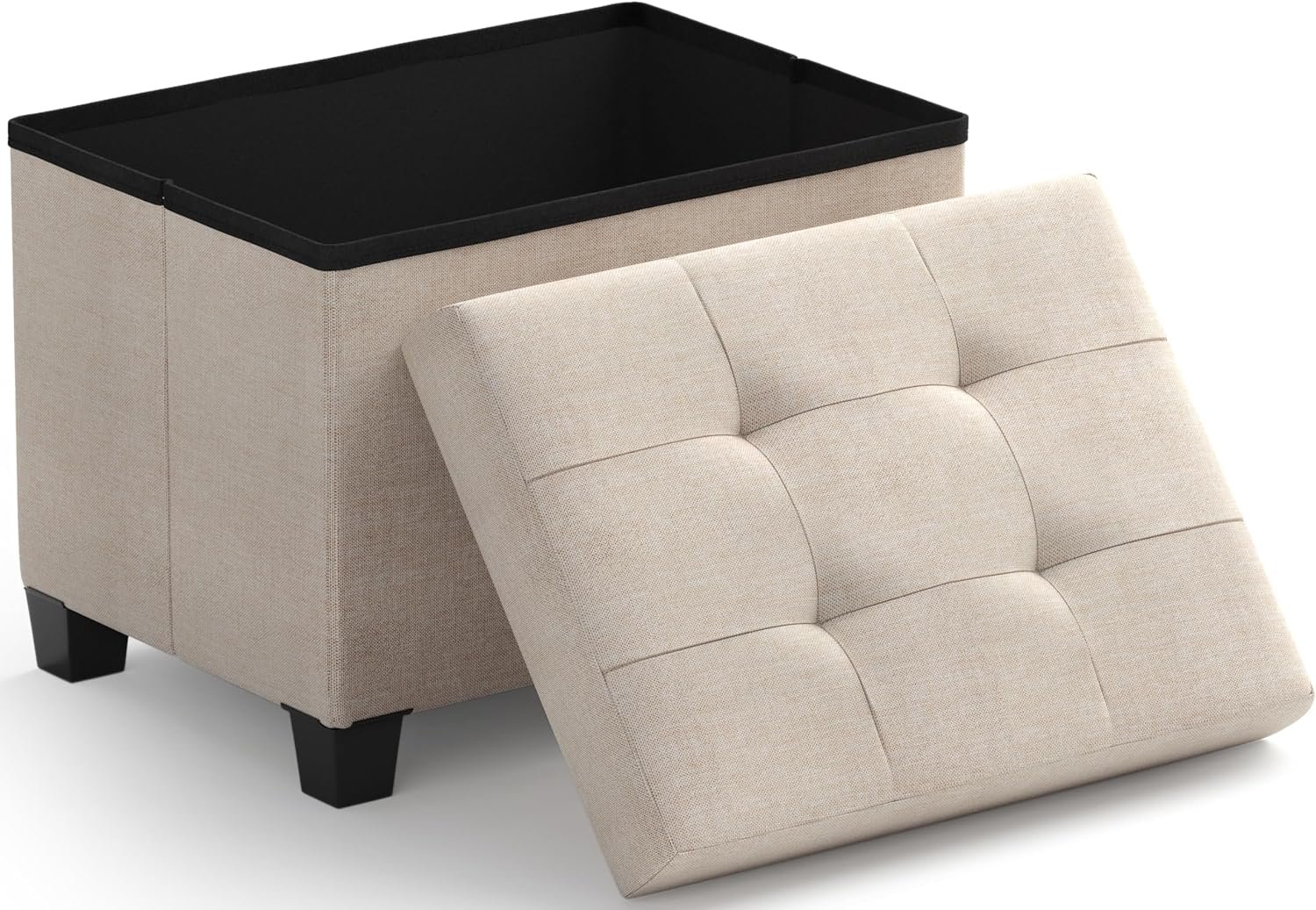 Ornavo Home Small Rectangle Storage Ottoman with Legs, 12x16x12, Beige | Foot Rest Stool Seat; Holds Up to 600 lbs; Ideal for Living Room, Bedroom, Home Office or Dorm