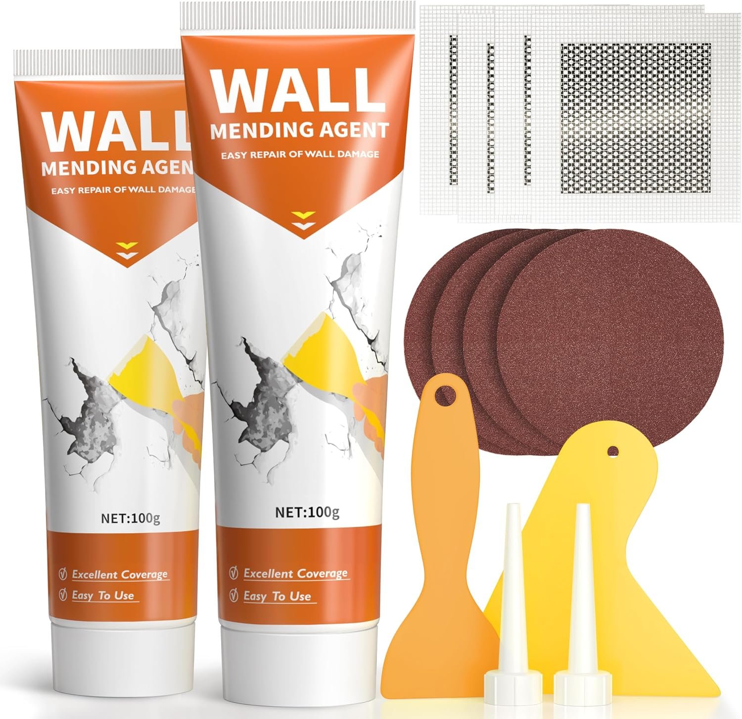 NINGOO Drywall Repair Kit,2 Pack Wall Repair Paste for Wall Holes & Cracks | 4 Wall Patches,2 Scraper,4 Sandpapers,Minor Repairs,Quick Drying,Apartment Friendly,White Finish