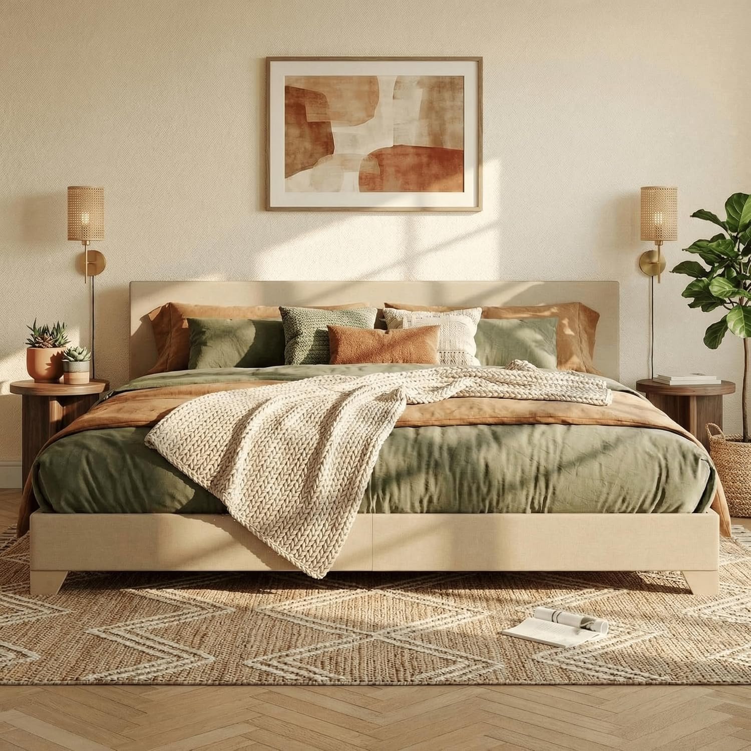 SHA CERLIN Linen Upholstered King Size Bed Frame with Headboard, Beige | Adjustable Low-Profile Platform Bed, Minimalist Design, Stable Mattress Foundation, Strong Back-Support, No Box Spring Needed
