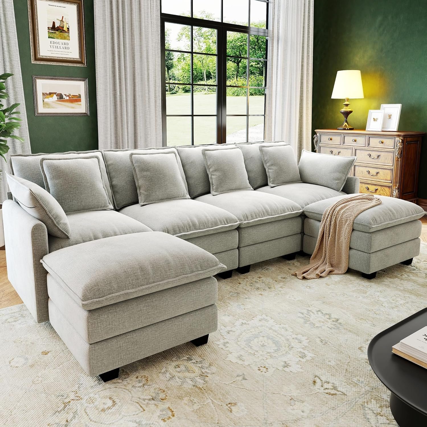 107″ Cloud Couch Sectional, U Shaped Modular Sectional Sofa, 4-Seat Deep Seat Couch with 6 Removable Washable Pillows and 2 Ottoman for Living Room, Bedroom, Apartment, Light Grey