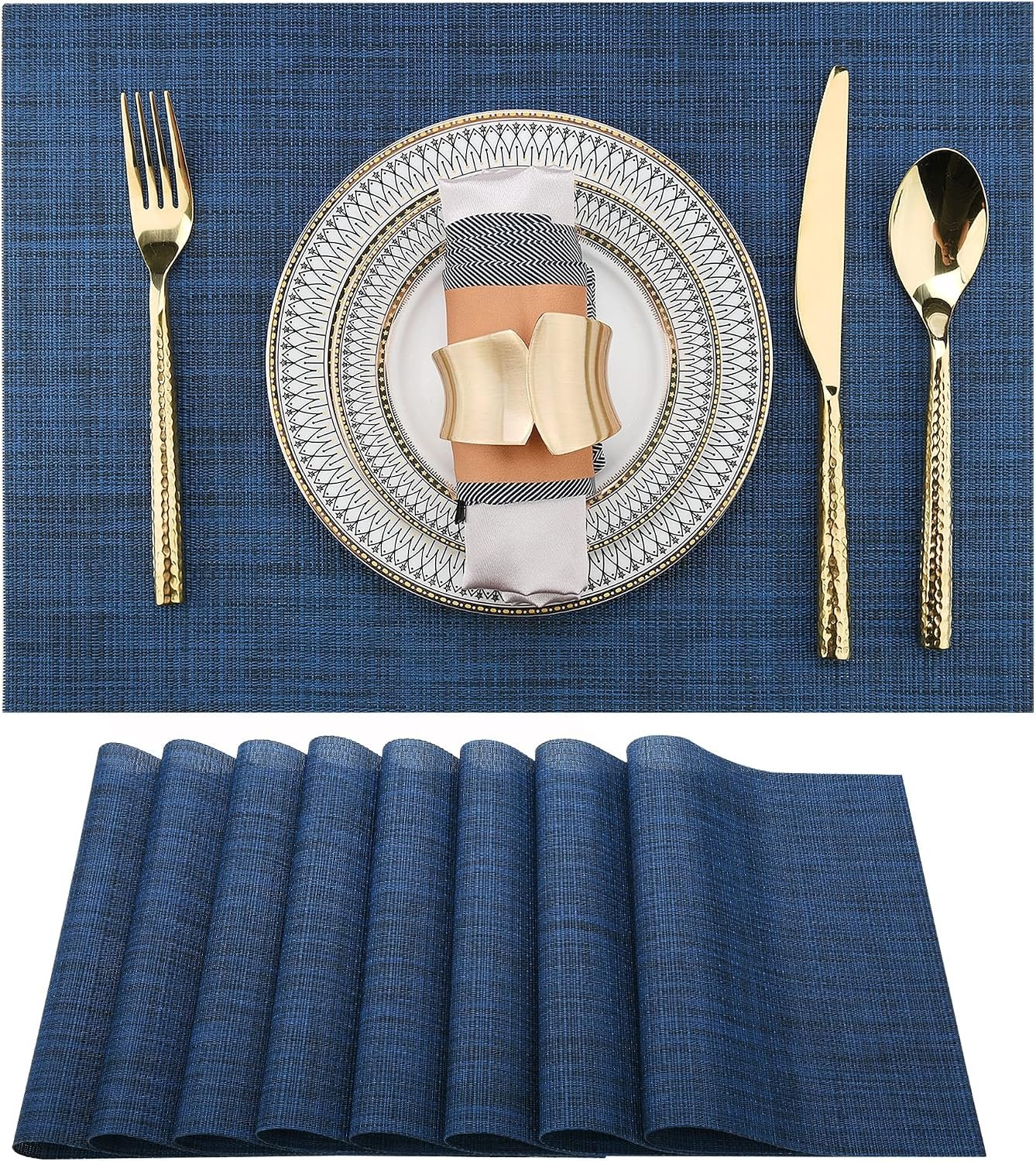 SLKQG Navy Blue Placemats Set of 8 – Easy Clean Washable Vinyl Placemats – Wipeable Heat Resistant Table Mats for Dining Table – 17×12 Inch (Navy Blue, 8)