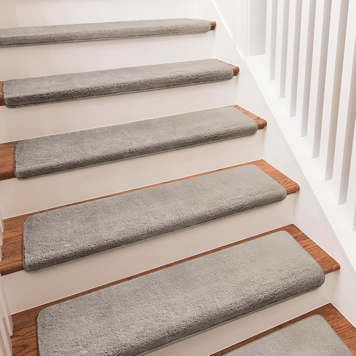 PURE ERA Bullnose Carpet Stair Treads Ultra Plush Cream Gray 14 Pcs | 30×9.5 Inch Self Adhesive Non Slip Soft Stair Carpet for Wooden Step Indoor, Reduce Noise for Stairs, Washable and Reusable