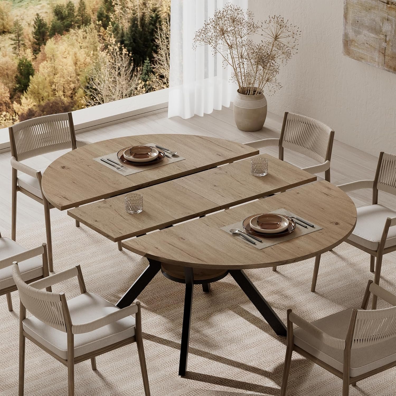 42″-58″ Extendable Round Dining Table for 4-6, Kitchen Oval Table with Built-in Flip Leaf & Storage Shelf, Space Saving Modern Design with Sturdy Metal Legs for Kitchen, Living Room & Small Apartments