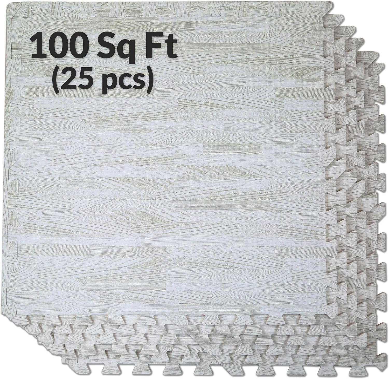 100 Sq. Ft 3/8 Inch Thick Printed Foam Tiles Interlocking Foam Mat, 24″ x 24″, 25 pcs, White Wood Grain Style Protective Flooring, for Home, Exercise or Trade Show