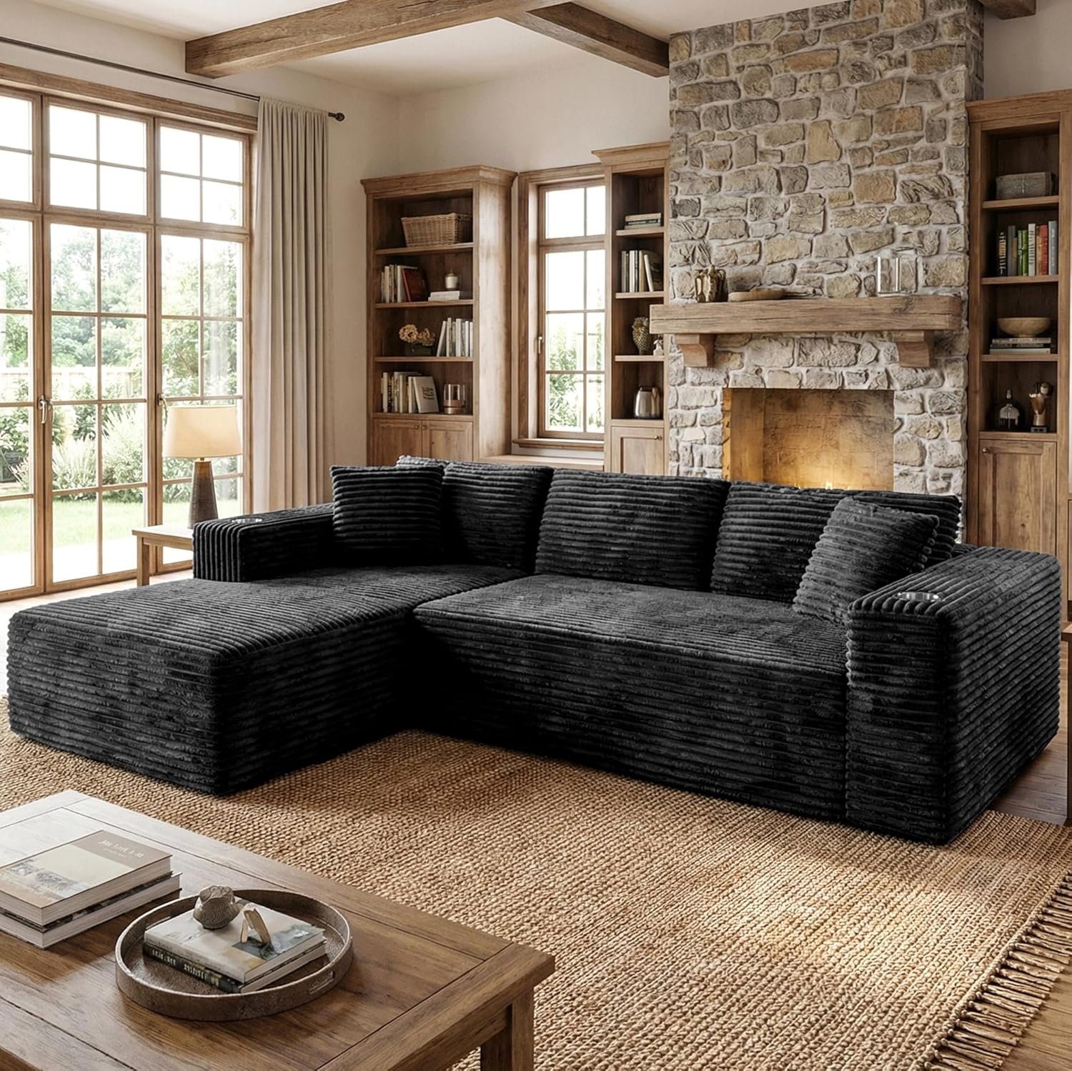 Shintenchi 103″ Boneless Couches for Living Room with 2 Cup Holders,L Shaped Modular Sectional Sofa Set,No Assembly Needed Plush Corduroy Living Room Set,Black