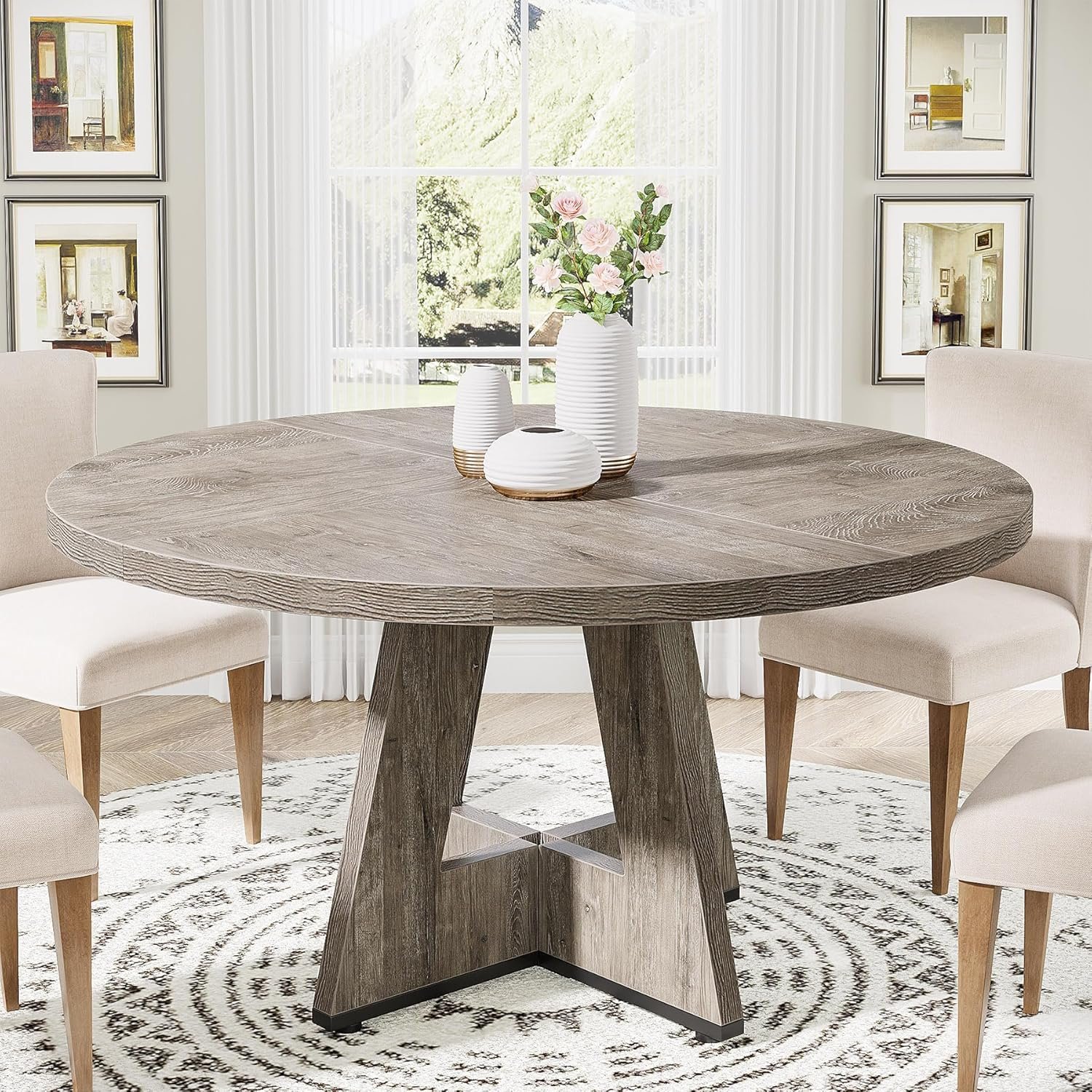 Tribesigns 47 inch Round Dining Table Wood Kitchen Table for Dining Room, 47″ Dinner Room Tables for 4-6, Farmhouse Accent Furniture with Wooden Tabletop and Cross Base, Rustic Grey | for Dining Room