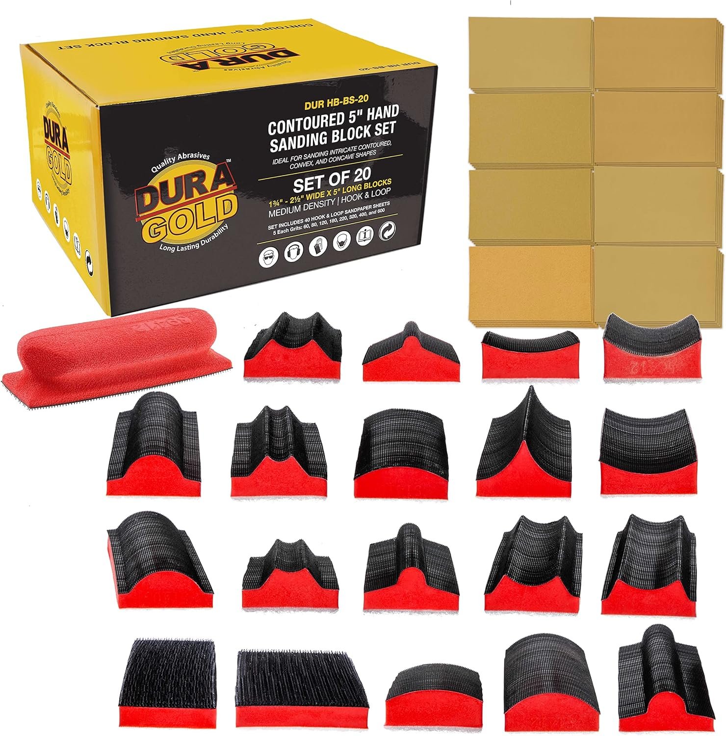 Dura-Gold 20-Piece Contoured Profile 5″ Hand Sanding Block Set with 40 Sheet Hook & Loop Sandpaper Kit – Interchangeable Assorted Convex & Concave Shapes – Sand Wood Woodworking Furniture, Auto Paint